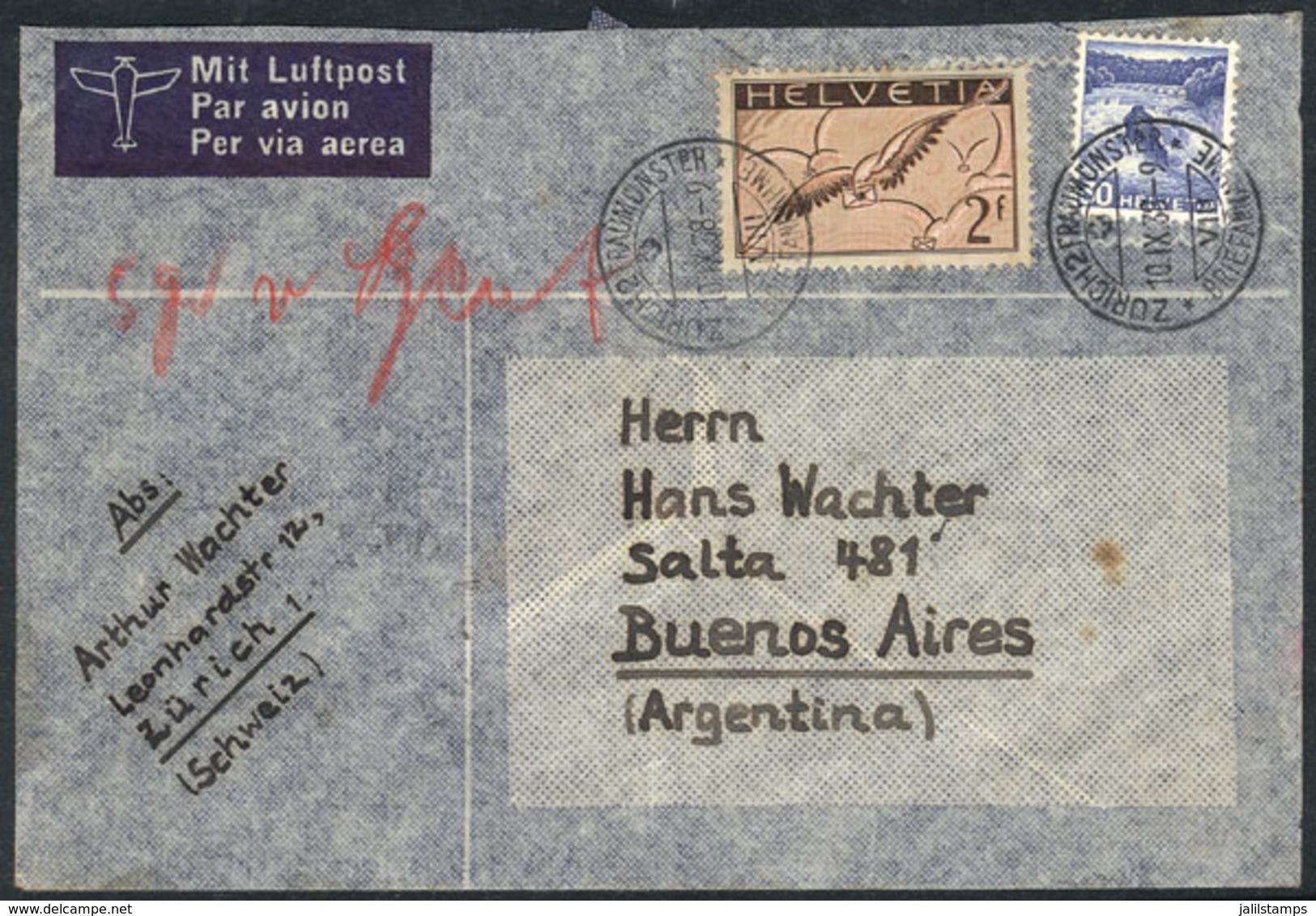 885 SWITZERLAND: Airmail Cover Franked With 2.30Fr., Sent From Zürich To Argentina On 10/SE/1938, VF! - ...-1845 Préphilatélie