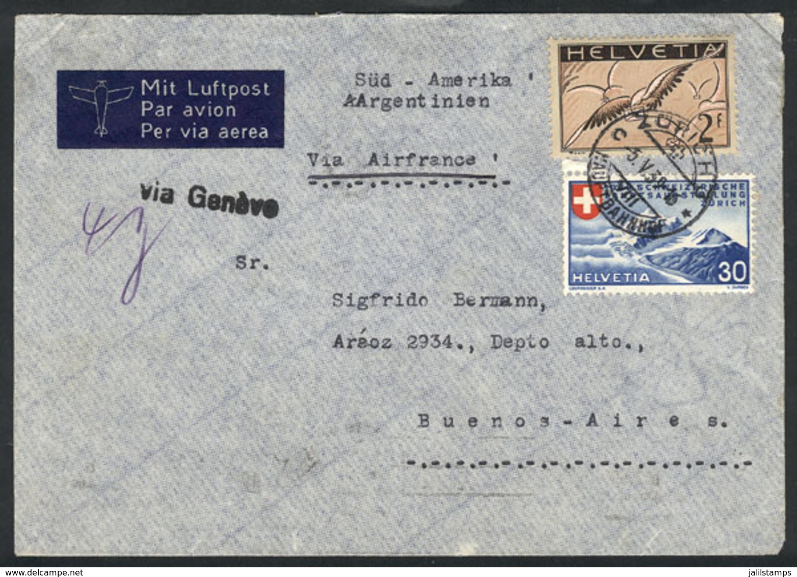 887 SWITZERLAND: Airmail Cover Sent From Zürich To Argentina On 5/MAY/1939 Franked With 2.30Fr., VF Quality! - ...-1845 Prephilately