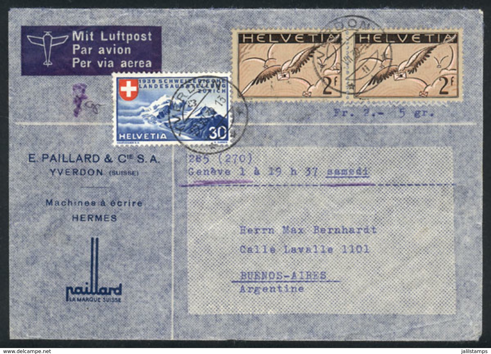 889 SWITZERLAND: Airmail Cover Sent From Yverdon To Argentina On 29/JUL/1939, Franked With 4.30Fr., Very Nice! - ...-1845 Voorlopers