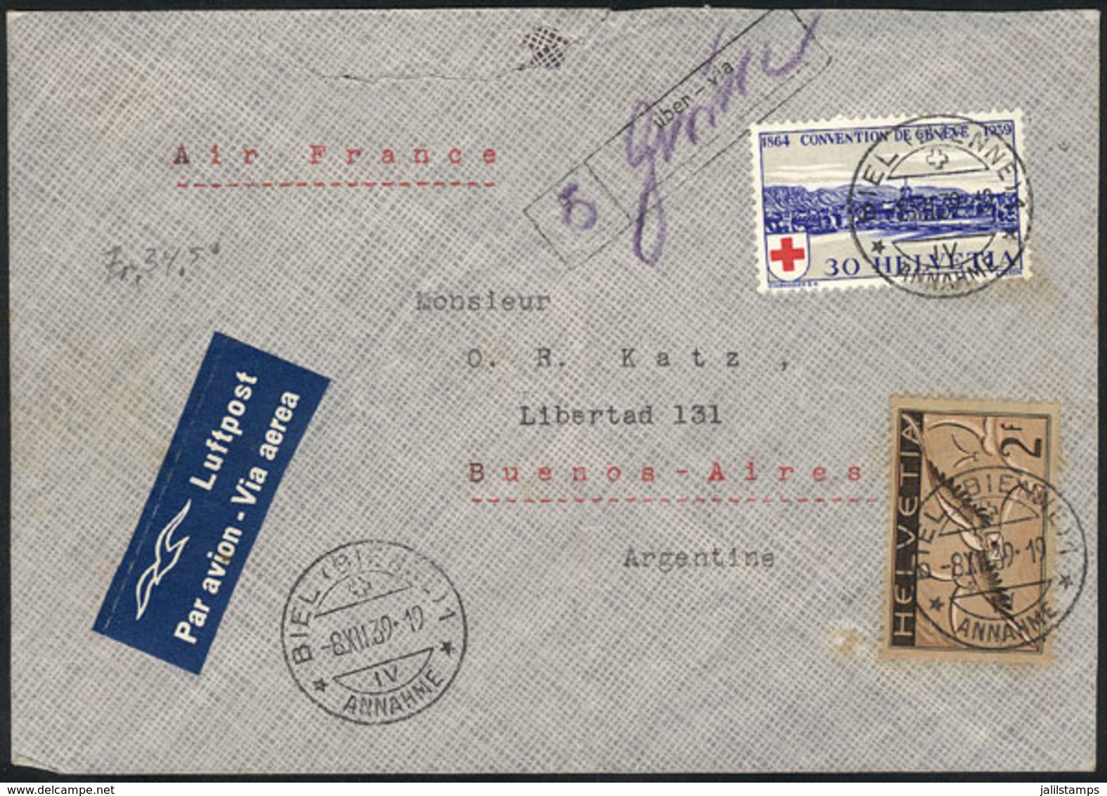 891 SWITZERLAND: Airmail Cover Sent From Biel To Argentina On 8/DE/1939 Franked With 2.30Fr., Fine Quality! - ...-1845 Precursores