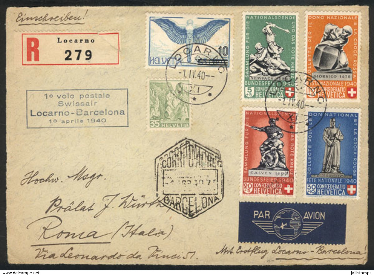 892 SWITZERLAND: 1/AP/1940 First Flight Locarno - Barcelona, Cover Front With Handsome Postage And Arrival Mark, VF Qual - ...-1845 Prephilately