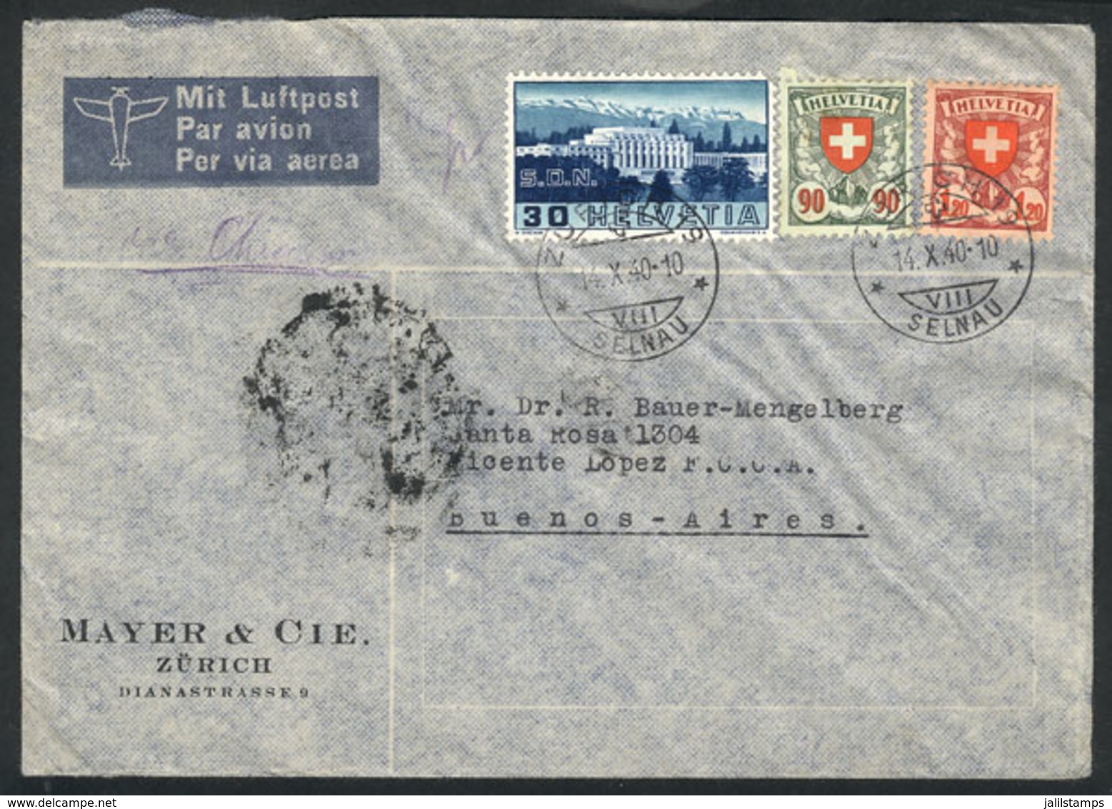 893 SWITZERLAND: Airmail Cover Sent From Zürich To Argentina On 14/OC/1940 Franked With 2.40Fr., VF Quality! - ...-1845 Prefilatelia