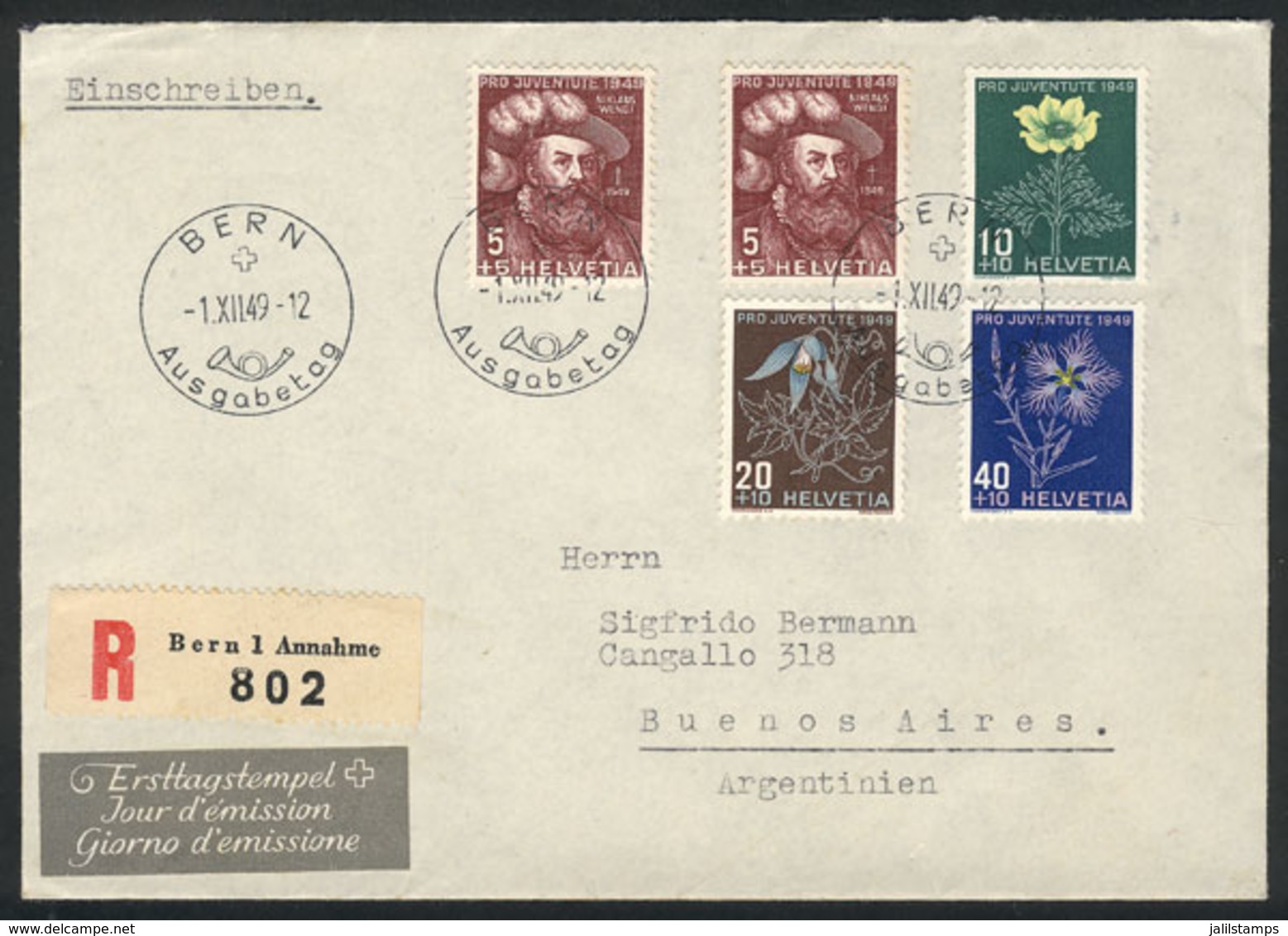 896 SWITZERLAND: Registered Cover With Handsome Postage (Yvert 493/6, Flowers) And Postmark Of 1/DE/1949 (first Day Of I - ...-1845 Préphilatélie