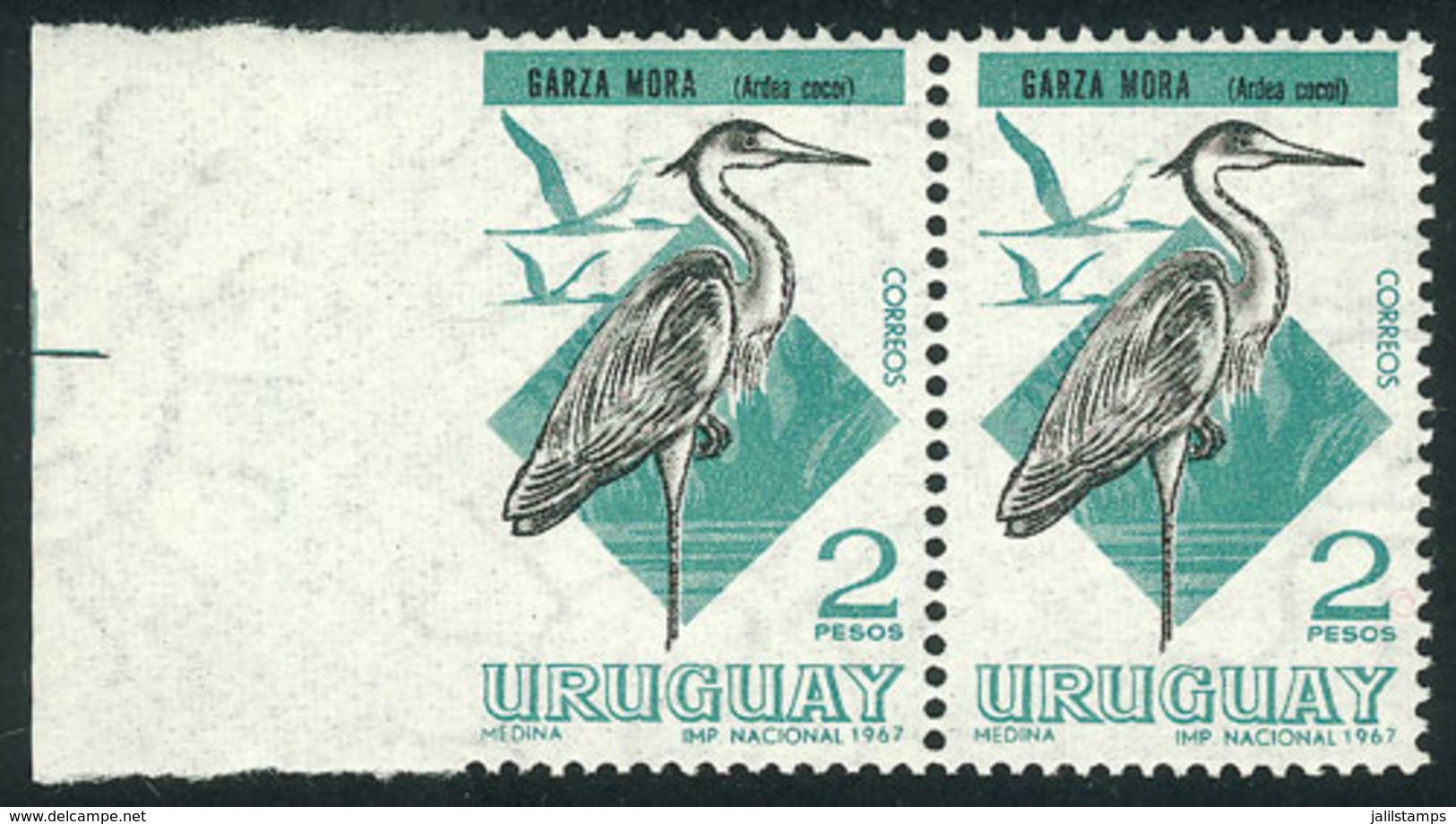 927 URUGUAY: Sc.752, 1968/70 2P. Cocoi Heron, Pair With VARIETY: Left Margin IMPERFORATE, MNH, Excellent Quality, Rare! - Uruguay