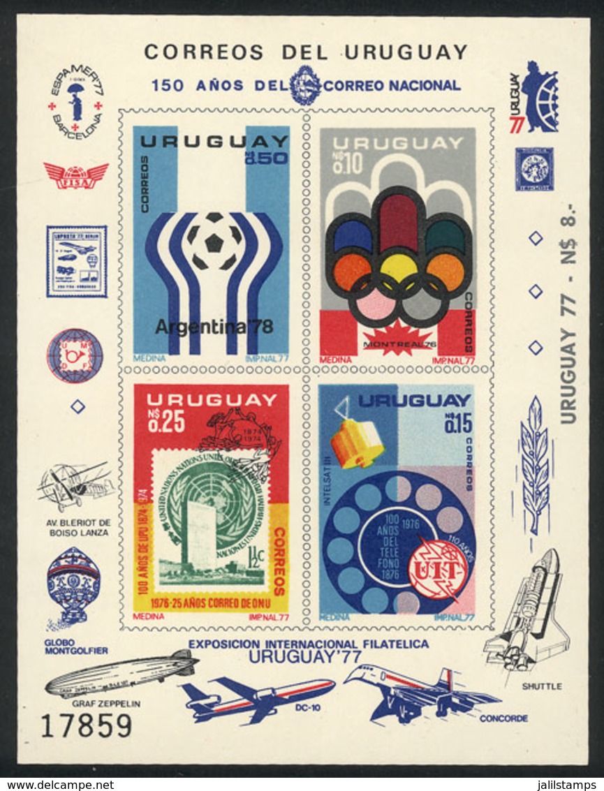 932 URUGUAY: Sc.938/941, 1976 Argentina '78 Football World Cup + Other Topics, Imperf Souvenir Sheet Issued Without Gum, - Uruguay