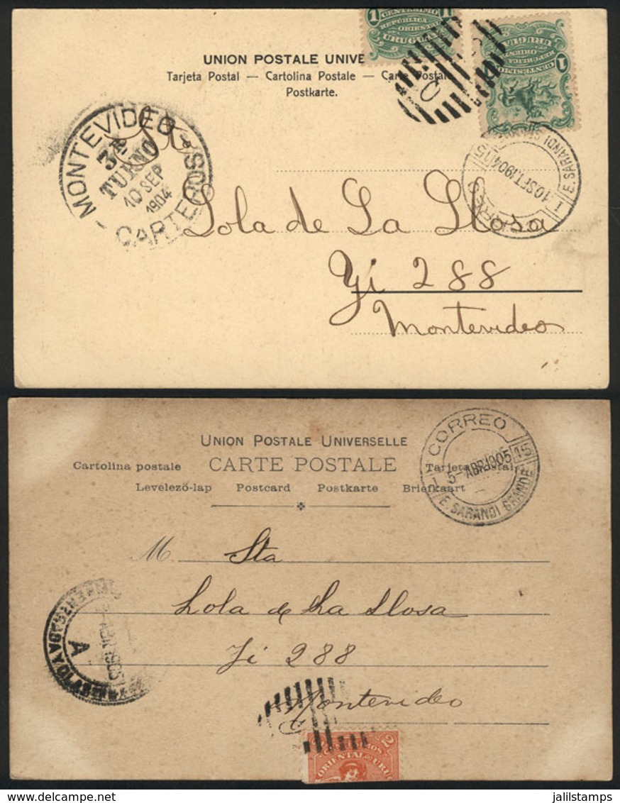 938 URUGUAY: "2 Postcards Sent To Montevideo In 1904 And 1905, Both Franked With 2c., Interesting Cancels: ""E.SARANDI G - Uruguay