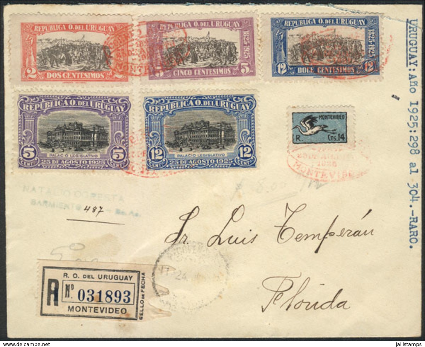 942 URUGUAY: 25/AU/1925 Montevideo - Florida, Registered First Flight Cover With Nice Postage, VF Quality! - Uruguay