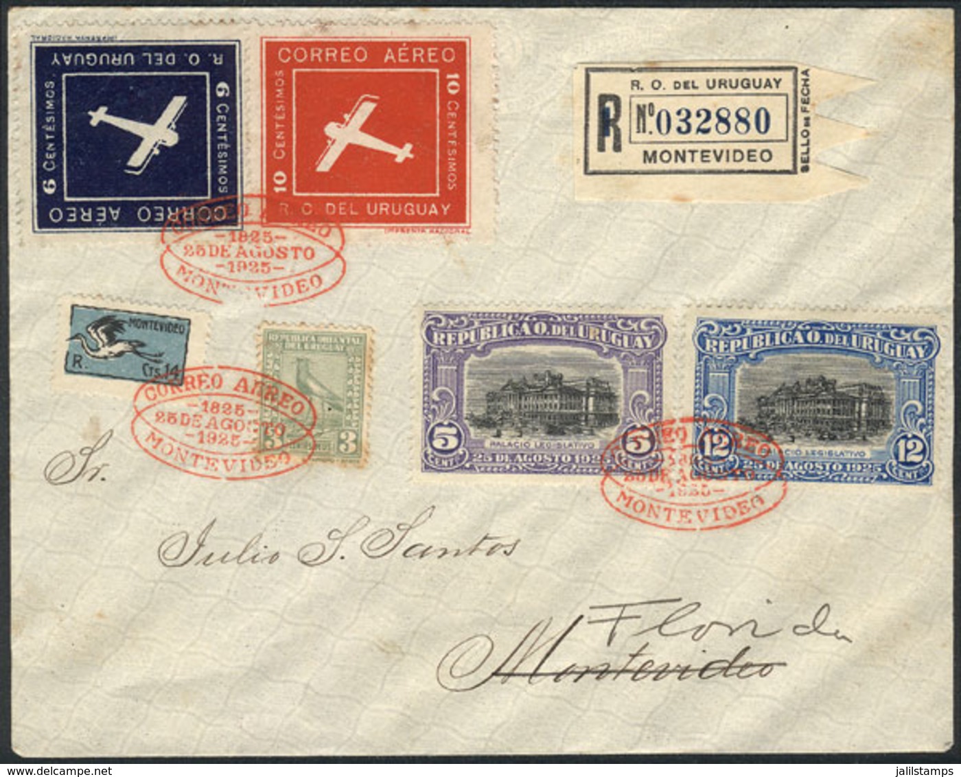 943 URUGUAY: 25/AU/1925 First Flight Montevideo-Florida: Registered Cover With Nice Postage, VF Quality. - Uruguay