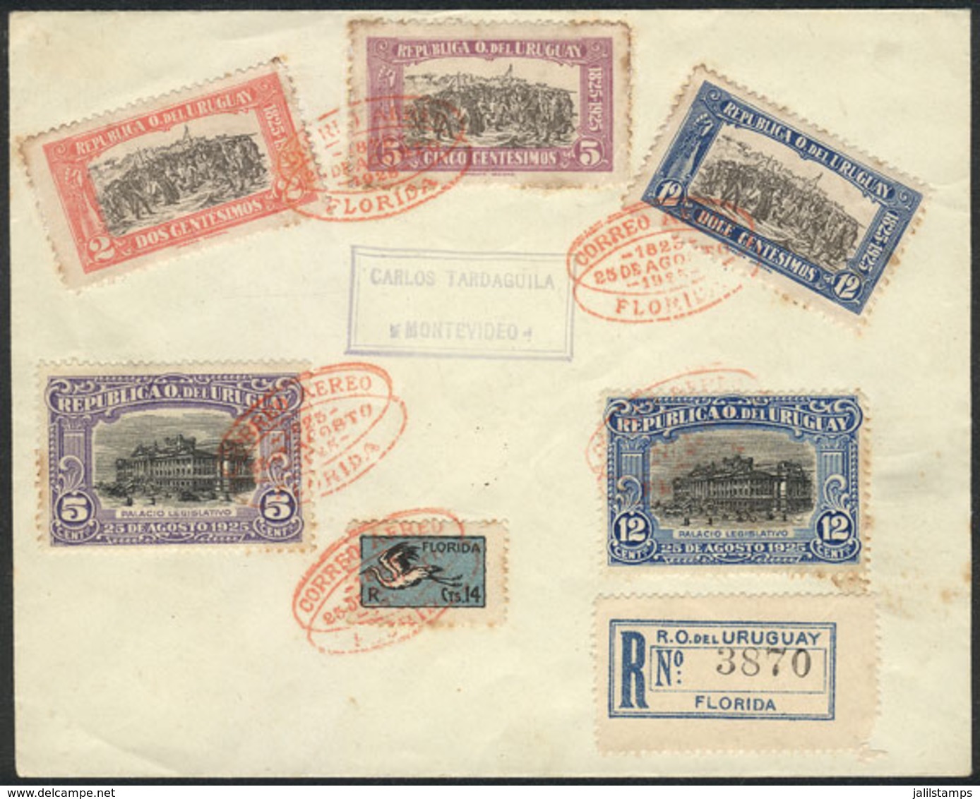 944 URUGUAY: 25/AU/1925 First Flight Florida-Montevideo: Registered Cover With Nice Multicolored Postage And Arrival Bac - Uruguay
