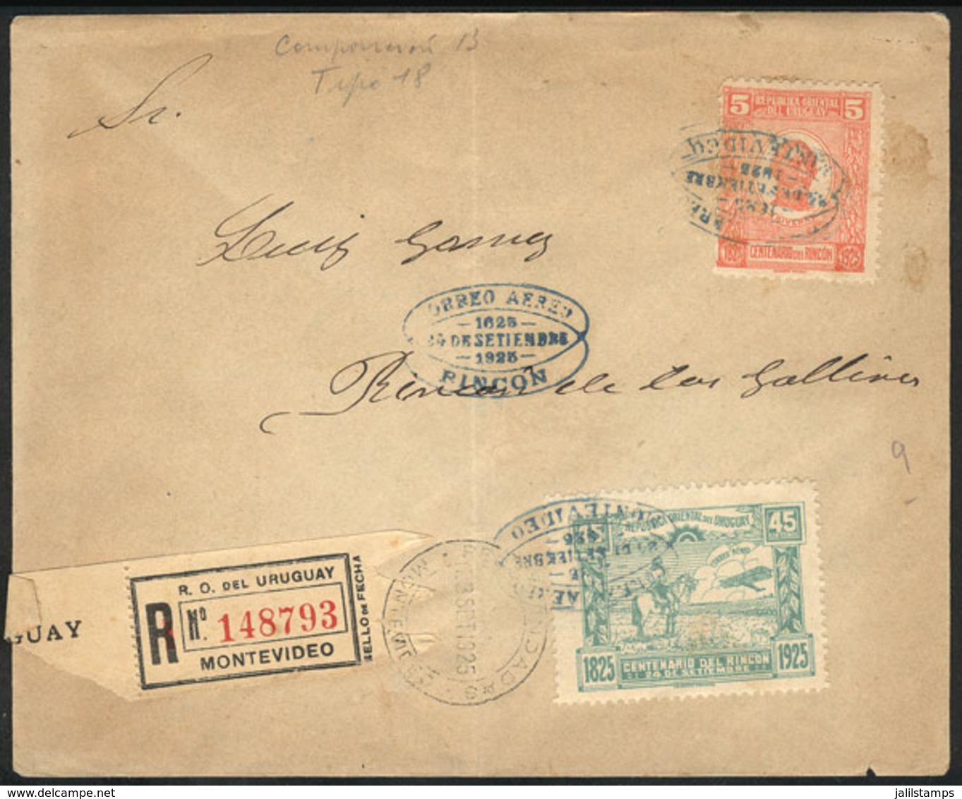 945 URUGUAY: 24/SE/1925 First Flight Montevideo - Rincón, Registered Cover, Fine Quality! - Uruguay