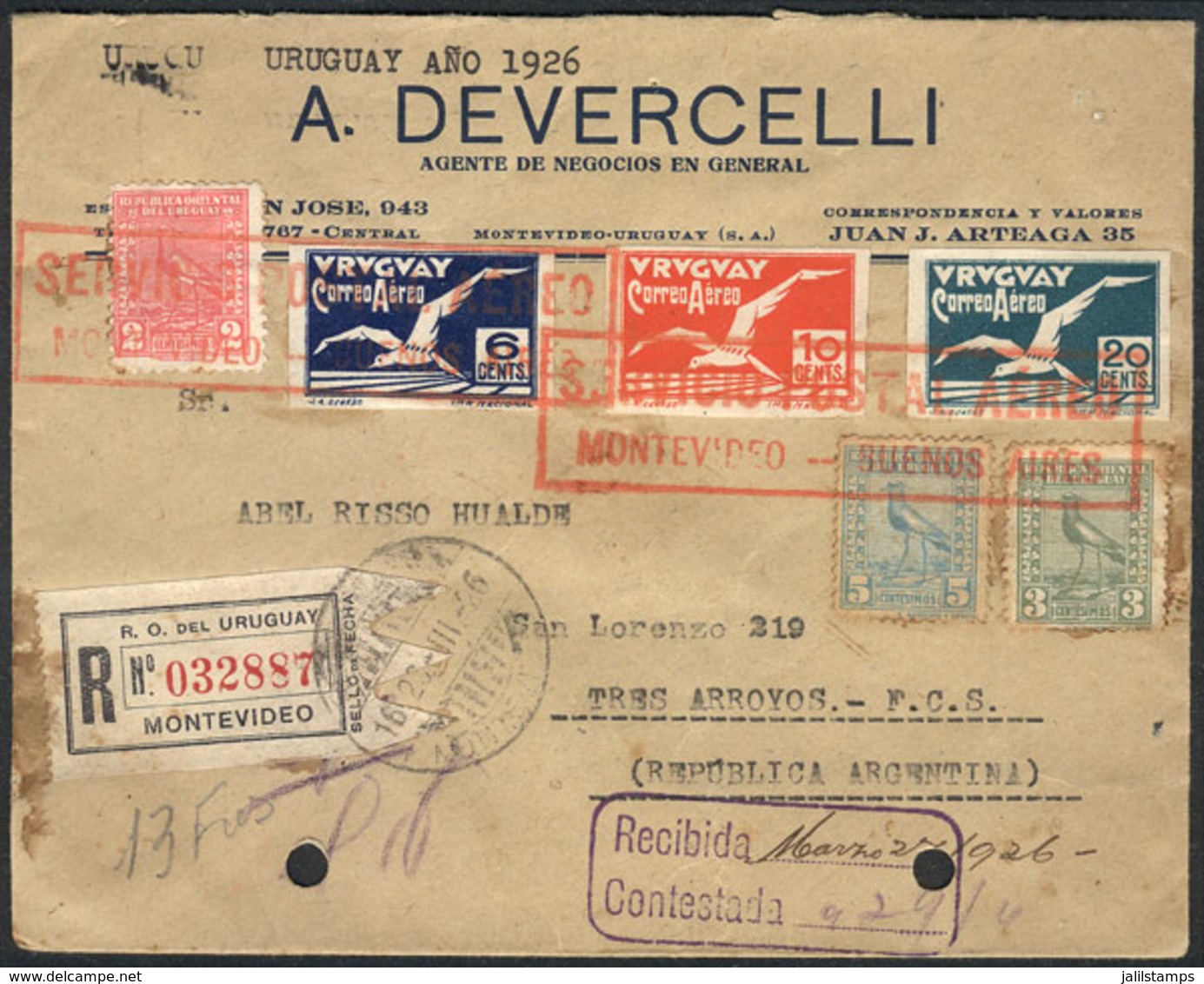 947 URUGUAY: 26/MAR/1926 Montevideo - Tres Arroyos (Argentina): Registered Cover Flown Via The Montevideo-Buenos Aires A - Uruguay