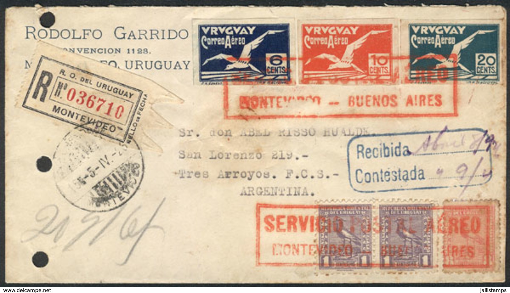 949 URUGUAY: 5/AP/1926 Montevideo - Tres Arroyos (Argentina): Registered Cover Flown Via The Montevideo-Buenos Aires Air - Uruguay