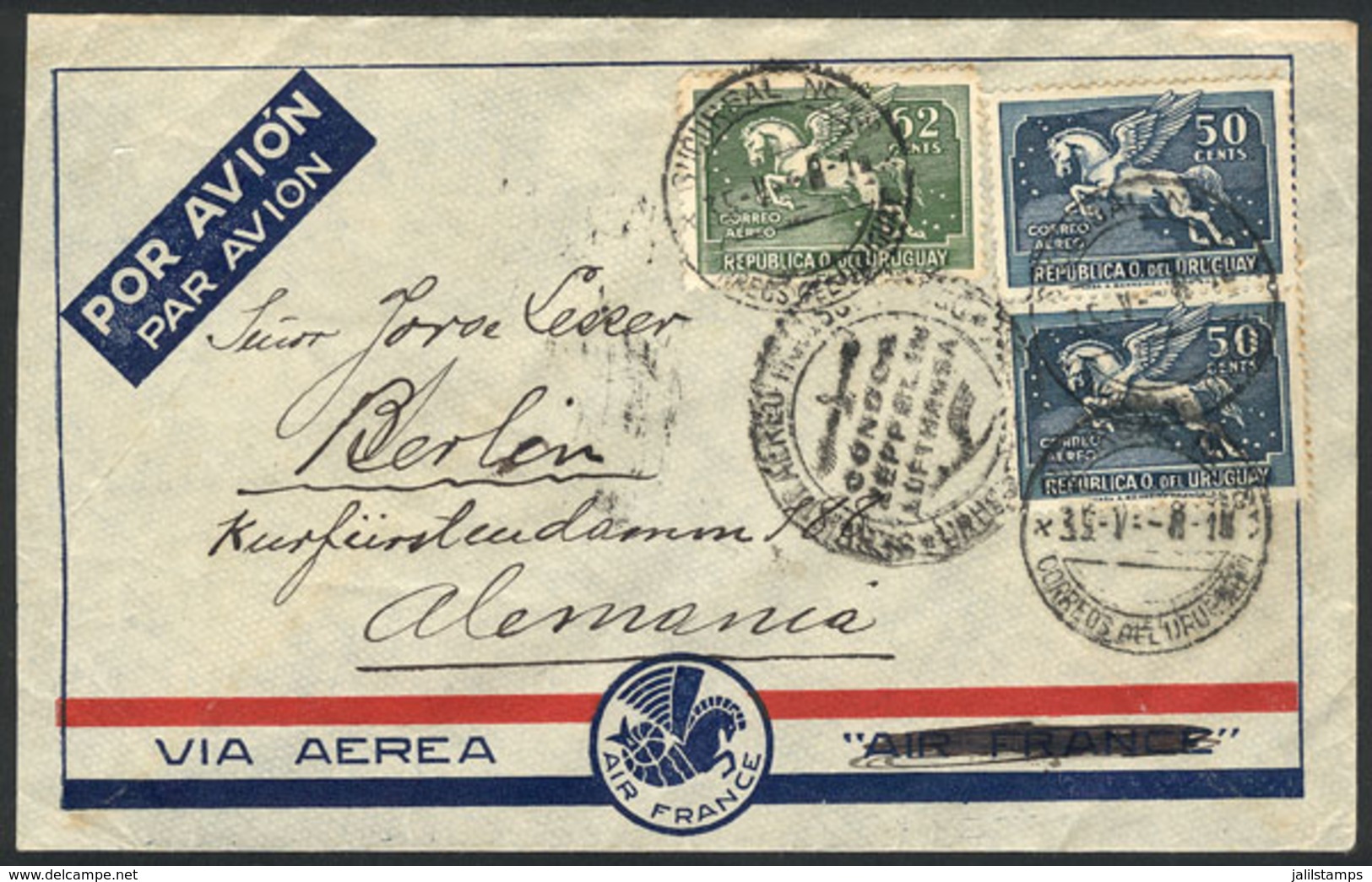 951 URUGUAY: Cover Franked With 1.62P. Sent From Montevideo To Germany On 8/MAY/1935 Via CONDOR-ZEPPELIN, VF Quality, Ma - Uruguay