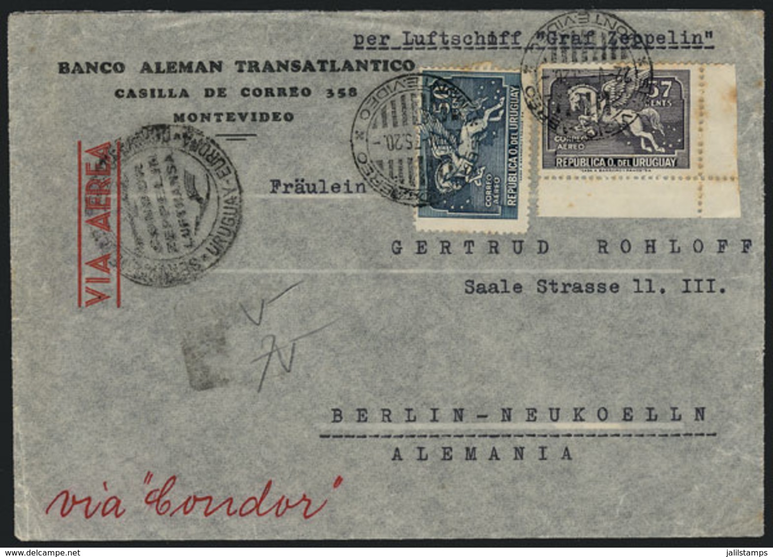 952 URUGUAY: Cover Franked With 1.07P. And Sent From Montevideo To Germany On 22/MAY/1935 Via CONDOR-ZEPPELIN, VF Qualit - Uruguay