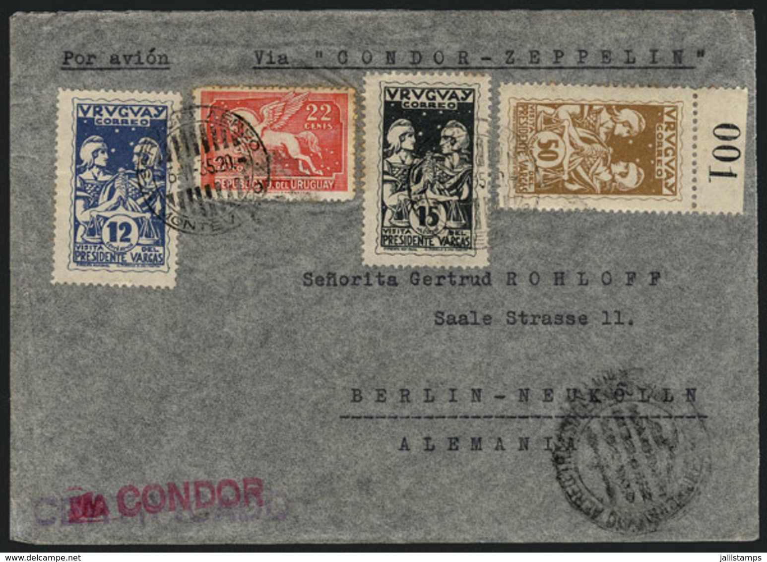 953 URUGUAY: Cover With Nice Postage Of 99c. Sent From Montevideo To Germany On 6/JUN/1935 Via CONDOR-ZEPPELIN, VF Quali - Uruguay