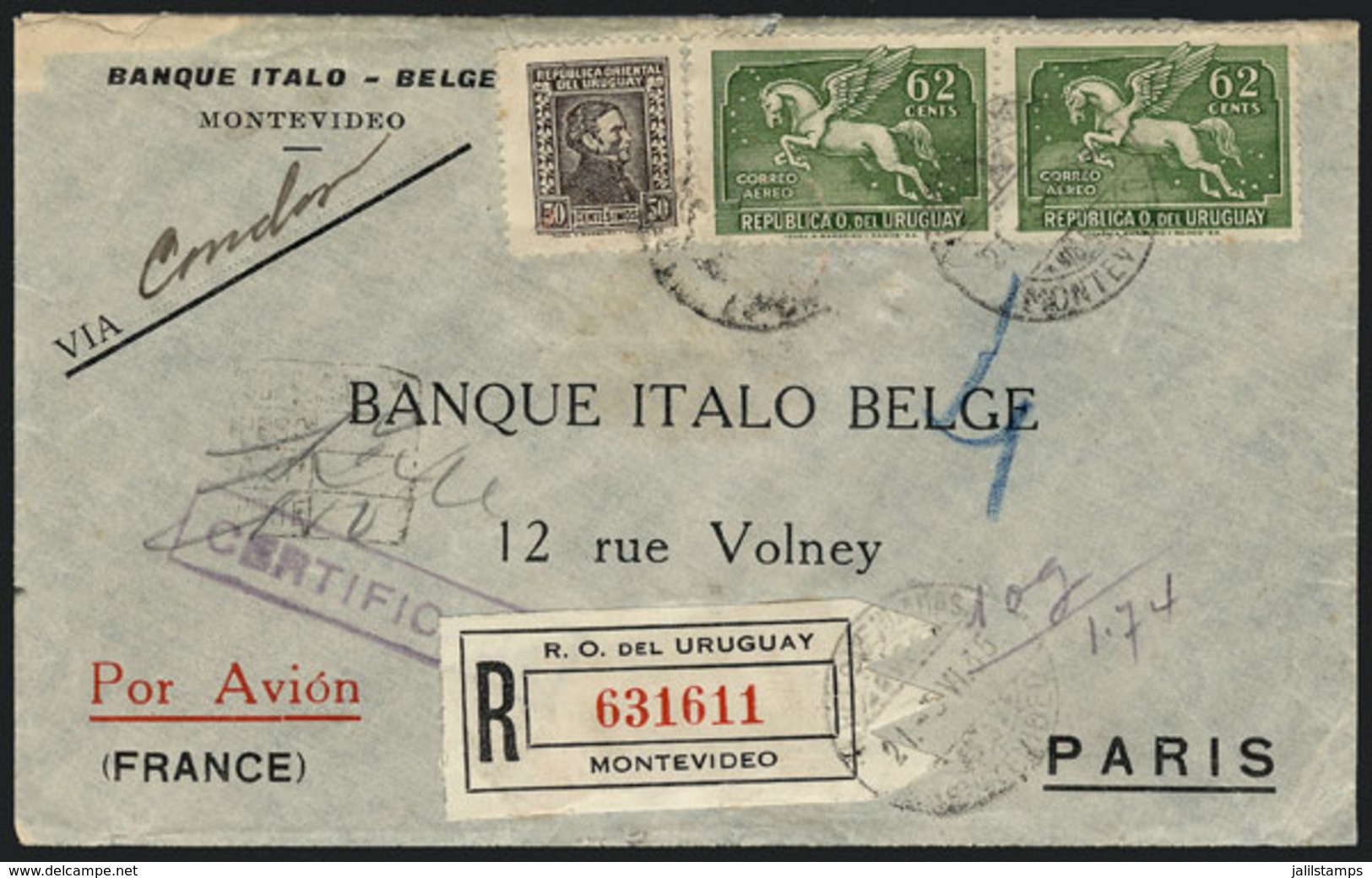 954 URUGUAY: Registered Cover Franked With 1.74P., Sent From Montevideo To Belgium On 21/JUN/1935 Via CONDOR, VF Quality - Uruguay