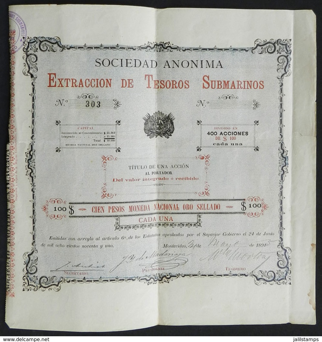 960 URUGUAY: Certificate For 400 Shares Of The Year 1891: Company That EXTRACTED UNDERWATER TREASURES, Very Nice And Rar - Uruguay