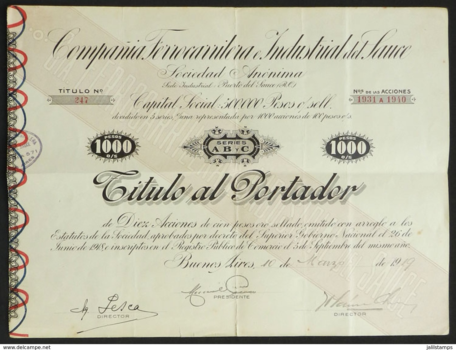 961 URUGUAY: Certificate For 10 Shares Of The Year 1919: Railway Company Compañía Ferrocarrilera E Industrial Del Sauce, - Uruguay