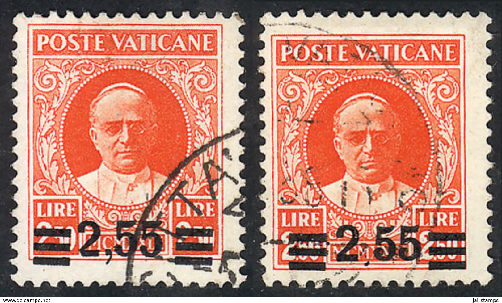 962 VATICAN: "Sc.38 + 38a, 1934 Provisional Of 2.55L. + The Same Stamp With VARIETY: ""No Comma Between 2 And 5"", Used, - Other & Unclassified