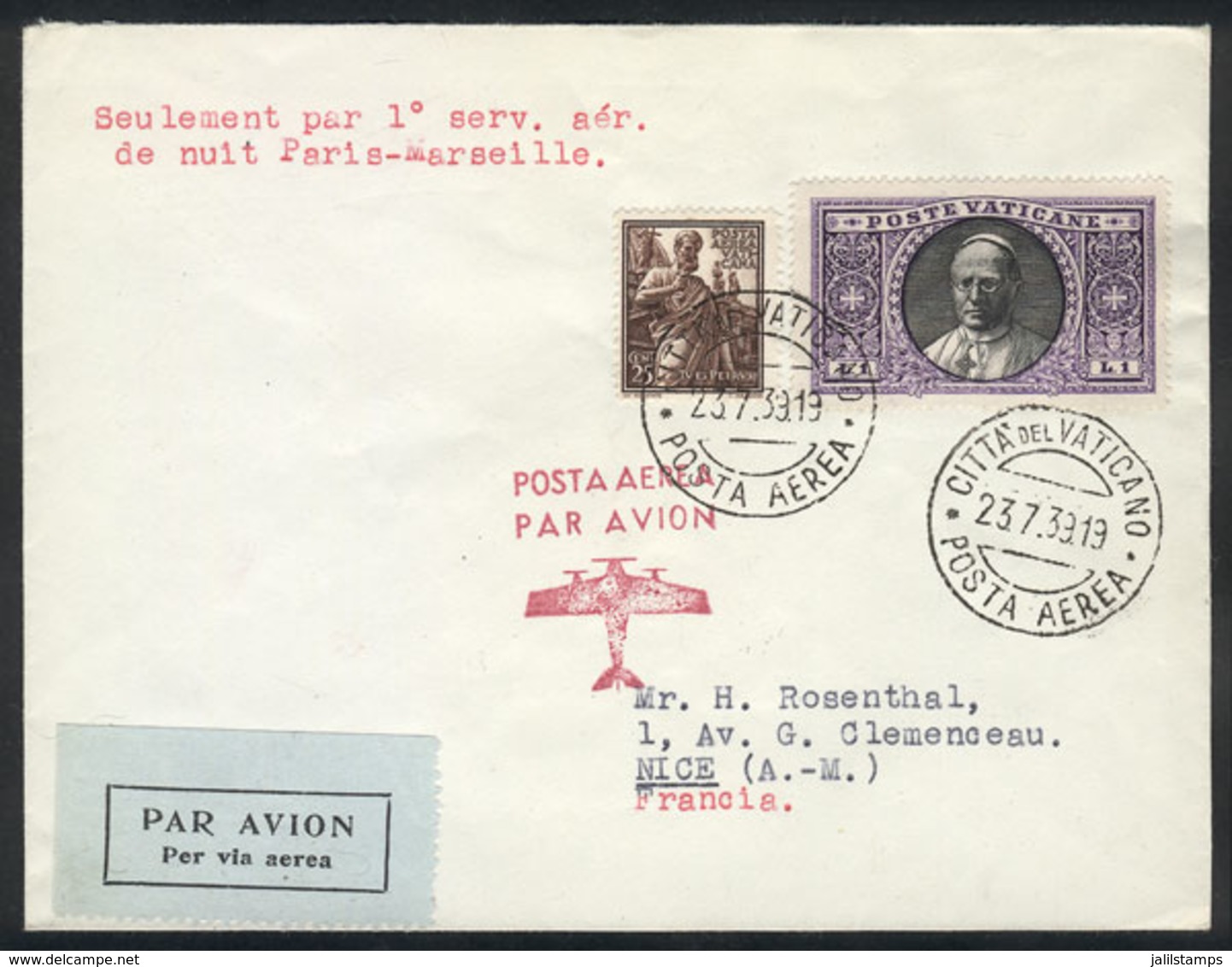 965 VATICAN: Cover Carried On The 1st Night Airmail Paris - Marseille, Dispatched From The Vatican On 23/JUL/1939, Excel - Other & Unclassified