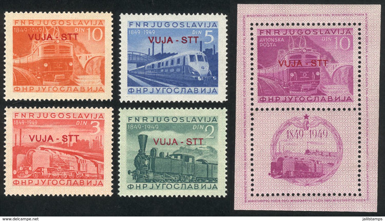 977 YUGOSLAVIA - TRIESTE B: Sc.17/20 + C17, 1950 Trains, Cmpl. Set Of 4 MNH Values + Souvenir Sheet (very Lightly Hinged - Other & Unclassified