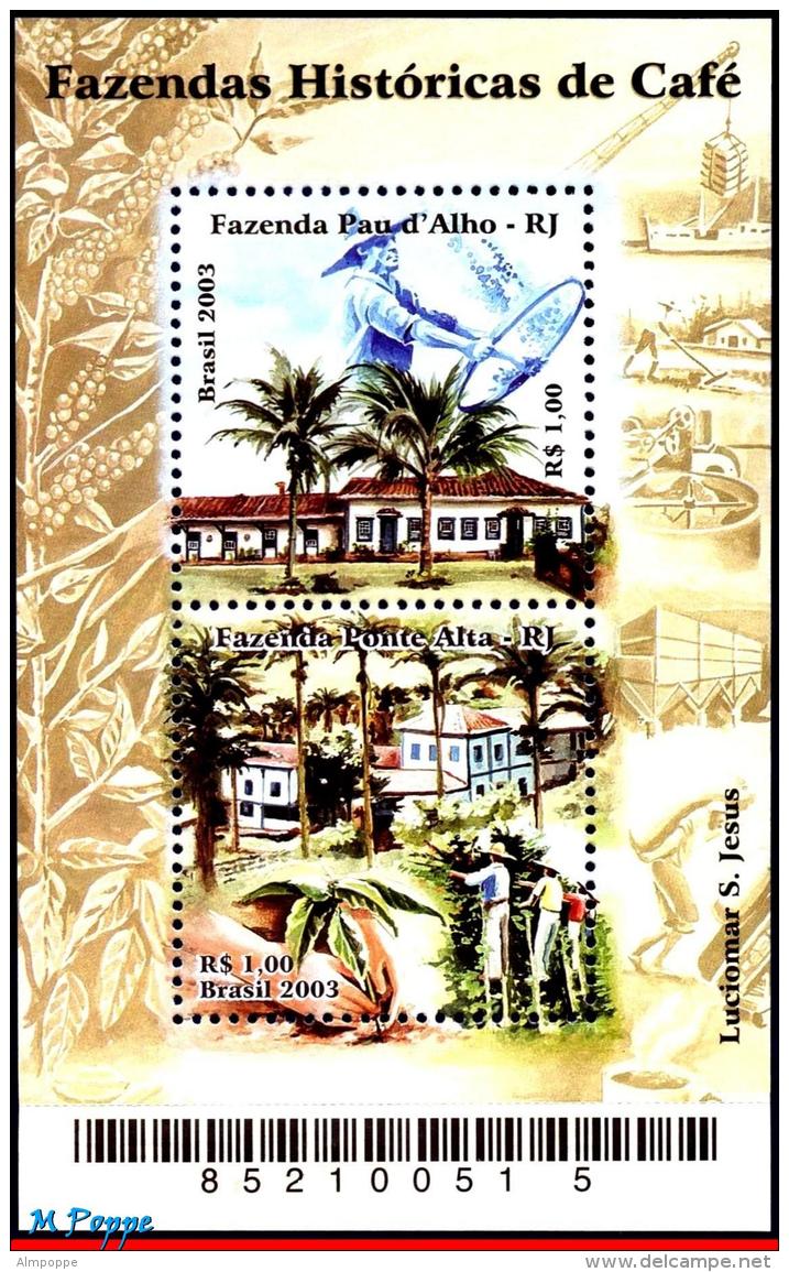 Ref. BR-2881 BRAZIL 2003 AGRICULTURE, COFFEE PLANTATIONS,, PLANTS, COFFEE FARM, MI# B122, S/S MNH 2V Sc# 2881 - Unused Stamps