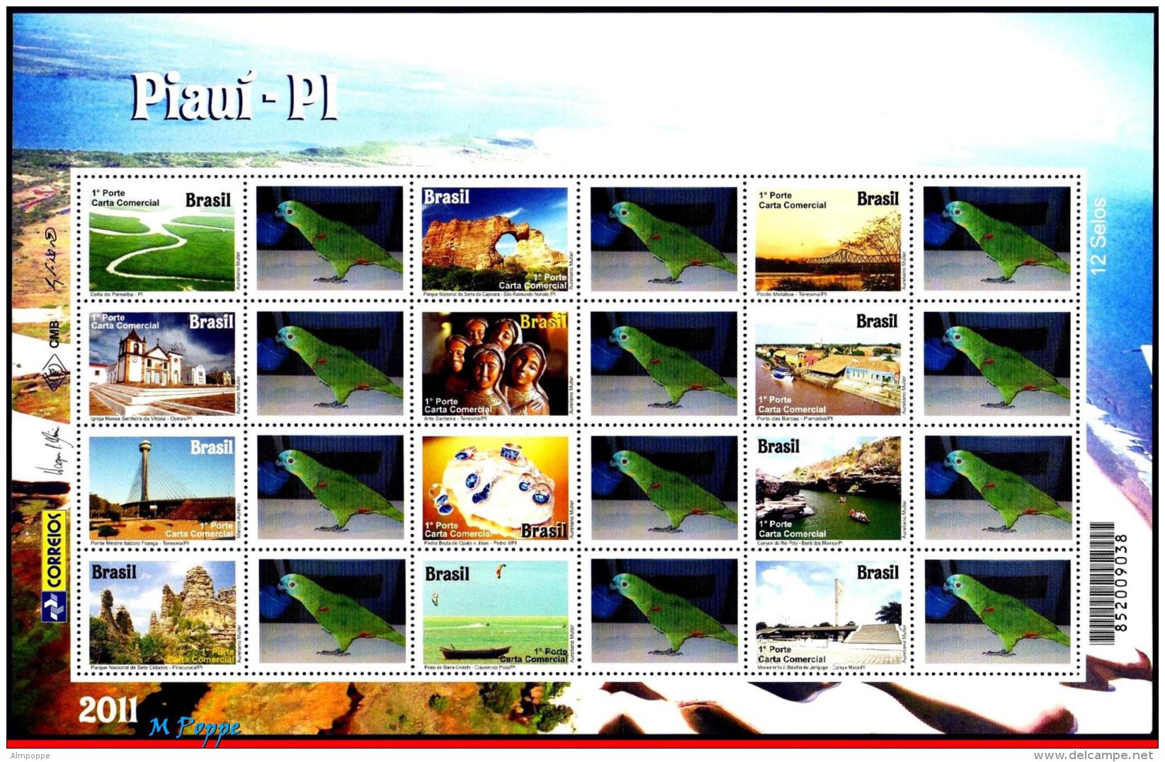Ref. BR-3187-F6 BRAZIL 2011 CITIES, PIAUI, BRIDGE, CHURCHES,, ART, BEACH, PARROT, PERSONALIZED MNH 12V Sc# 3187 - Personalized Stamps