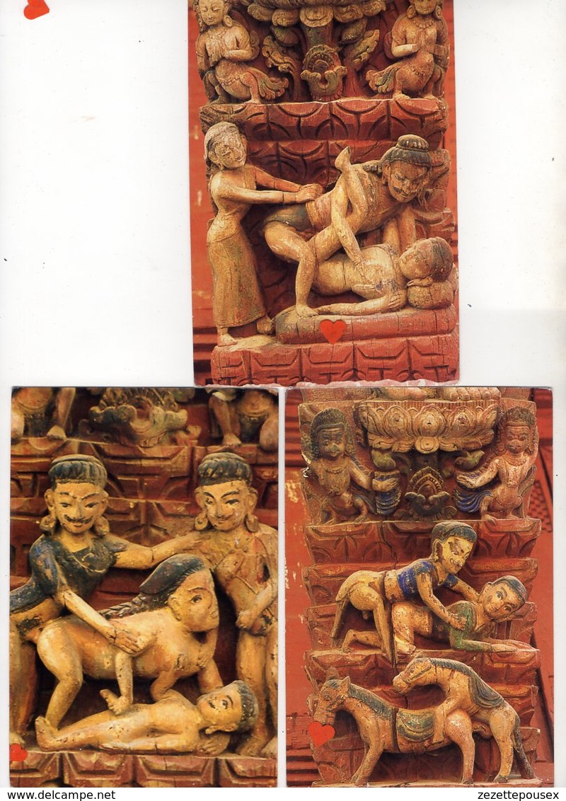 36416-ZE-NEPAL-Lot De 3 CP-Erotic Wood Carvings On 'Tundal" --supporting Roof Rafters-in The Temple Of Lord Shiva In Kat - Népal