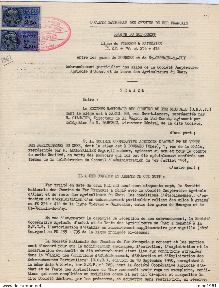 VP12.737- PARIS - Acte De 1961 - Entre La S.N.C.F Ligne De VIERZON à SAINCAISE - BOURGES X DU PUY & La Sté Agricole - Chemin De Fer