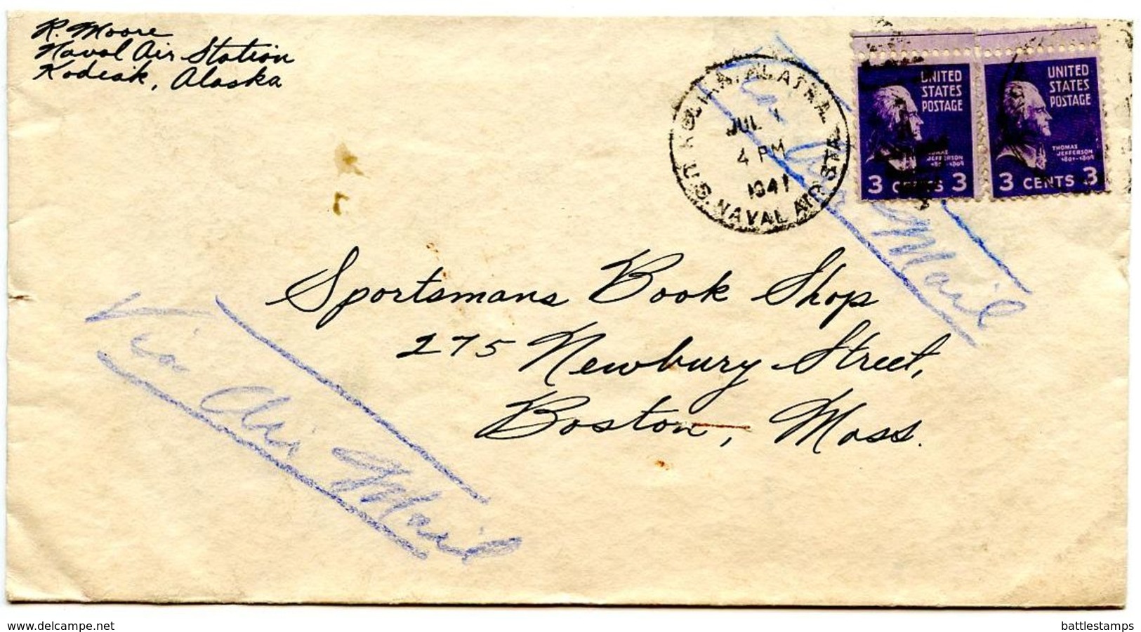 United States 1941 Airmail Cover Kodiak, Alaska - U.S. Naval Air Station To Boston MA - Covers & Documents