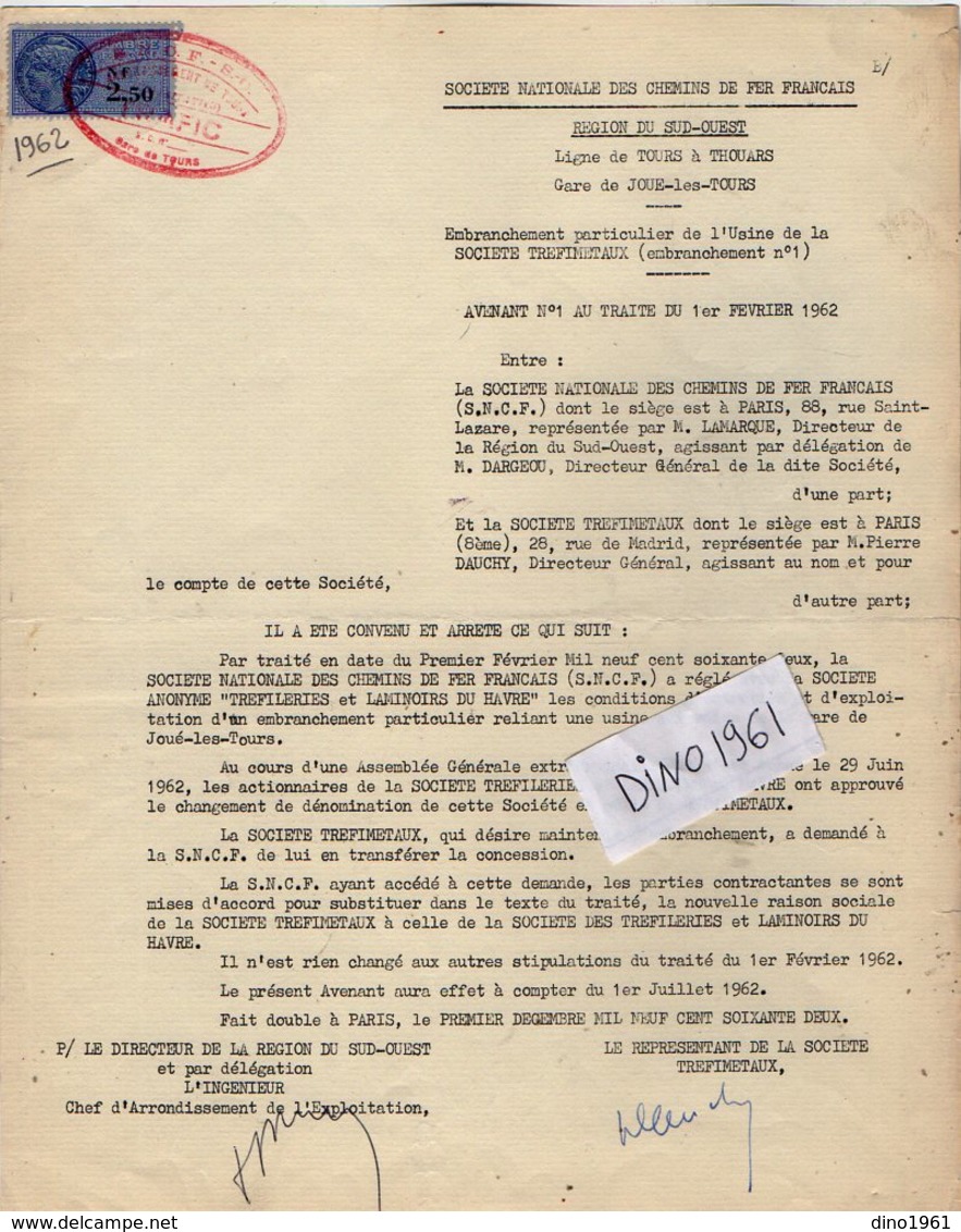 VP12.739 -TOURS - Acte De 1962 - Entre La S.N.C.F Ligne De TOURS à THOUARS - Gare De JOUE LES TOURS & La Sté TREFIMETAUX - Chemin De Fer