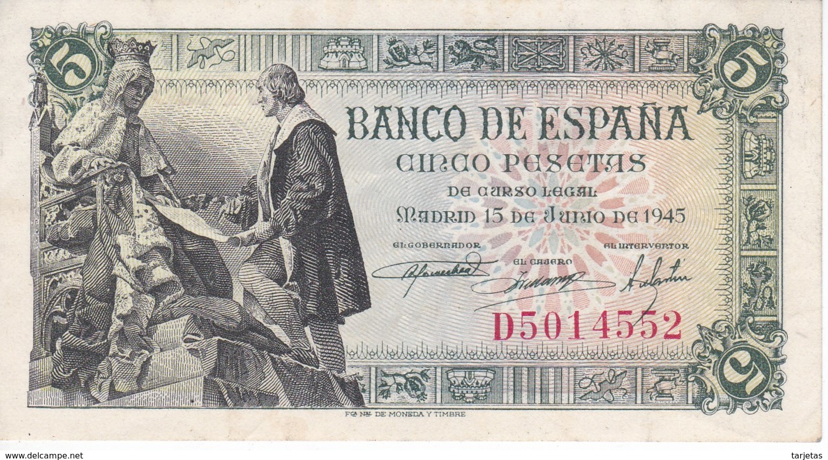 BILLETE DE ESPAÑA DE 5 PTAS DEL 15/06/1945 SERIE D CALIDAD EBC (XF) (BANKNOTE) - 5 Pesetas