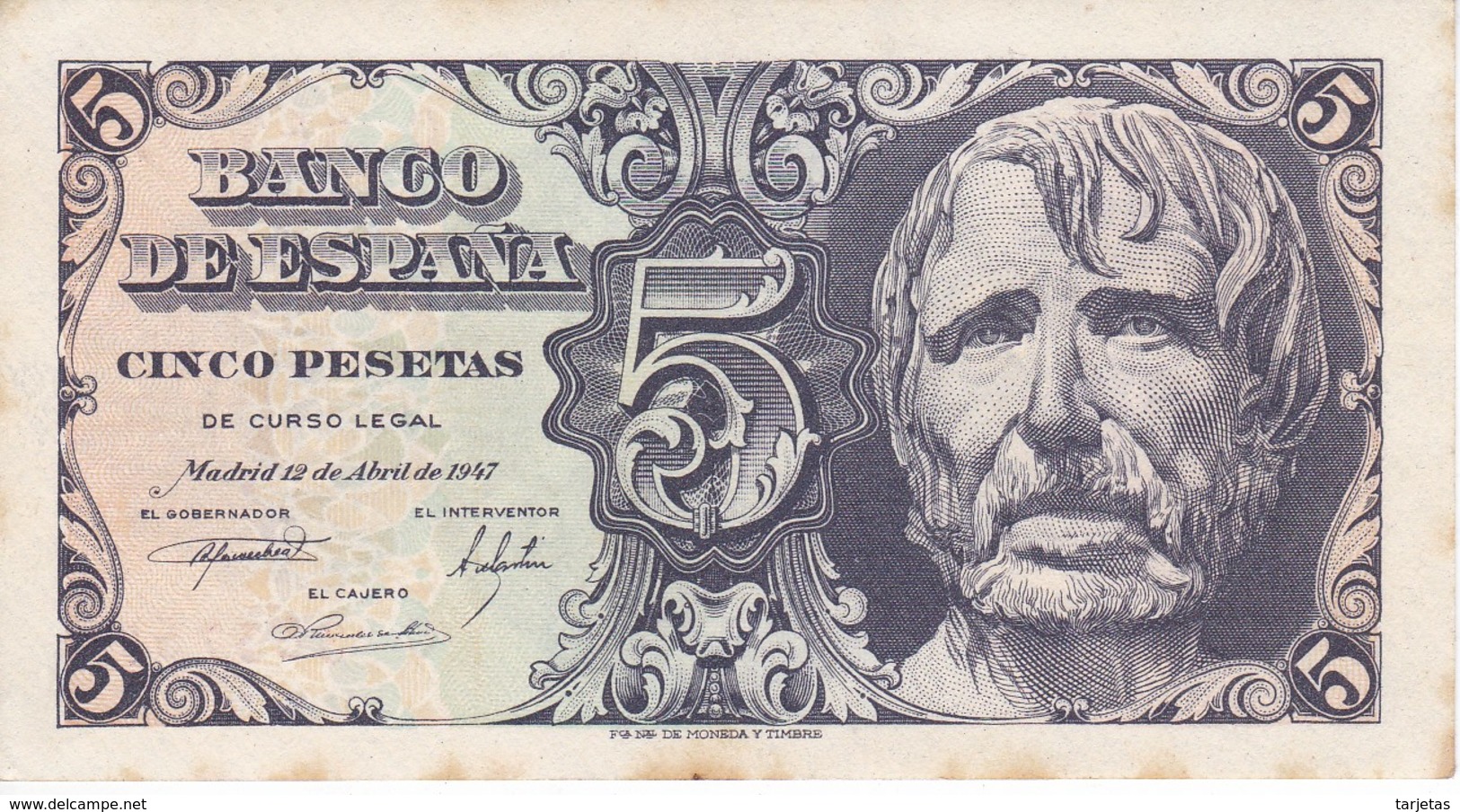 BILLETE DE ESPAÑA DE 5 PTAS DEL AÑO 1947 DE SENECA SERIE C  CON MANCHAS - 5 Pesetas