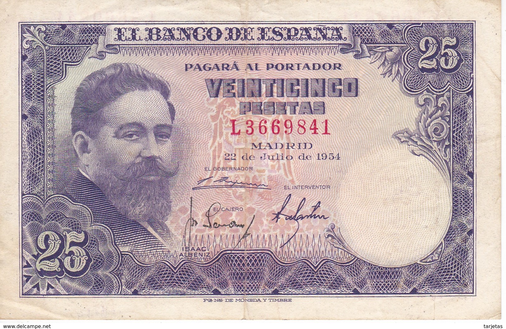 BILLETE DE ESPAÑA DE 25 PTAS DEL AÑO 1954 ISAAC ALBENIZ  SERIE L - 25 Pesetas