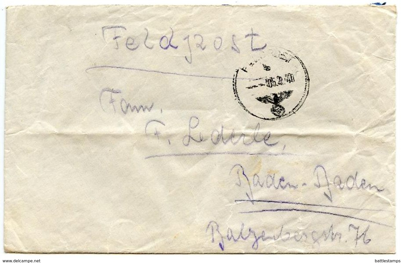 Germany 1940 WWII Cover Feldpost 10273 To Baden-Baden - Feldpost 2e Guerre Mondiale