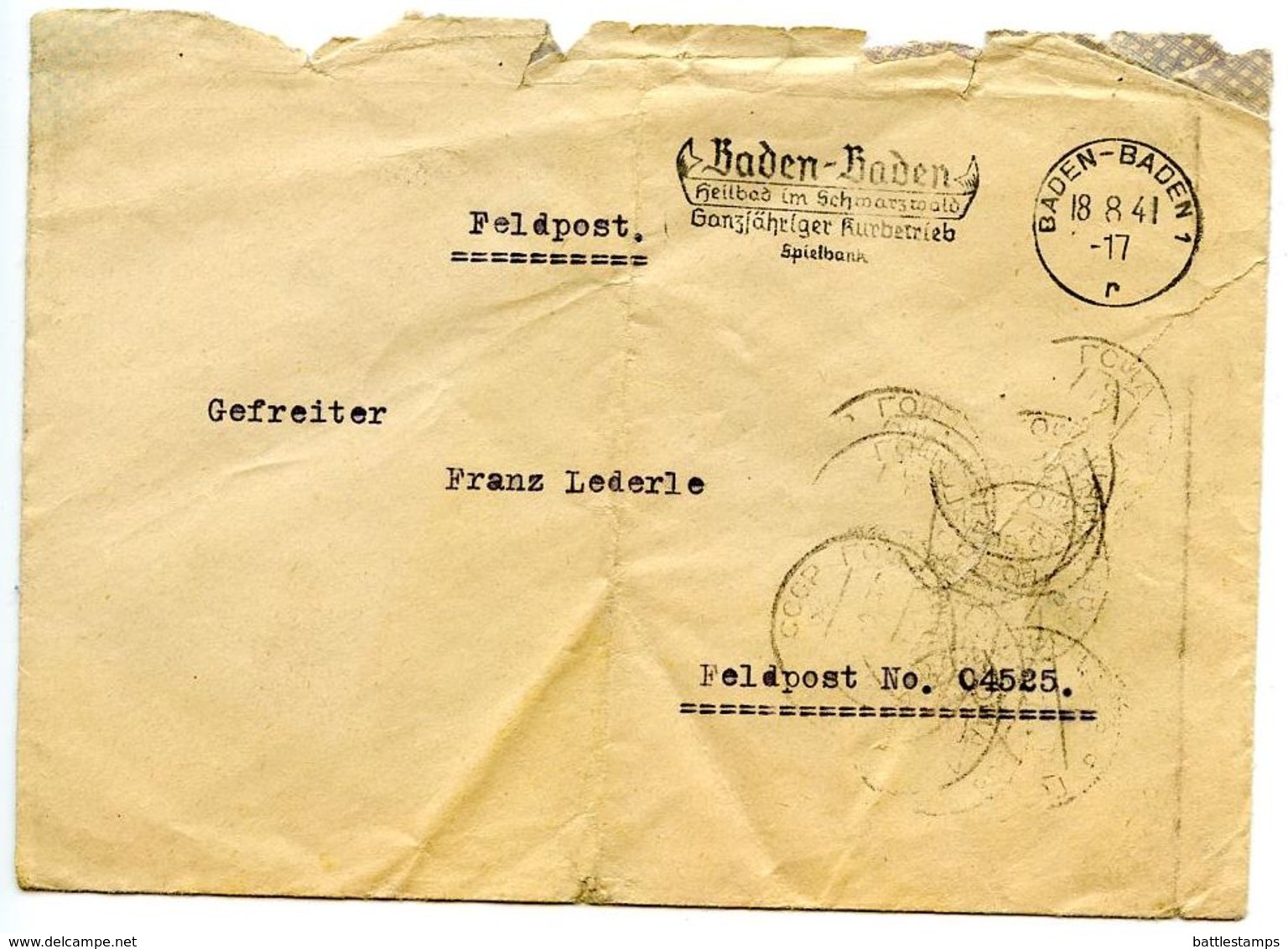 Germany 1941 WWII Cover Baden-Baden To Feldpost 04525 W/ Soviet Postmarks - Feldpost World War II