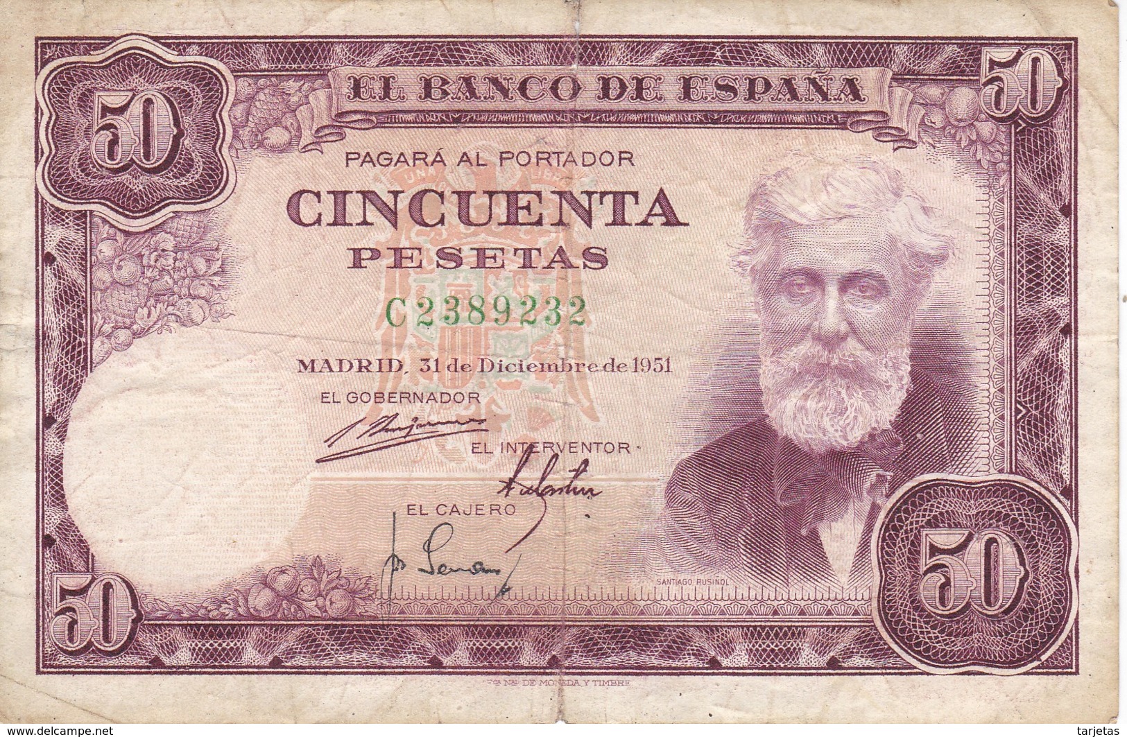 BILLETE DE ESPAÑA DE 50 PTAS DEL 31/12/1951 SERIE C  (BANKNOTE) - 50 Pesetas