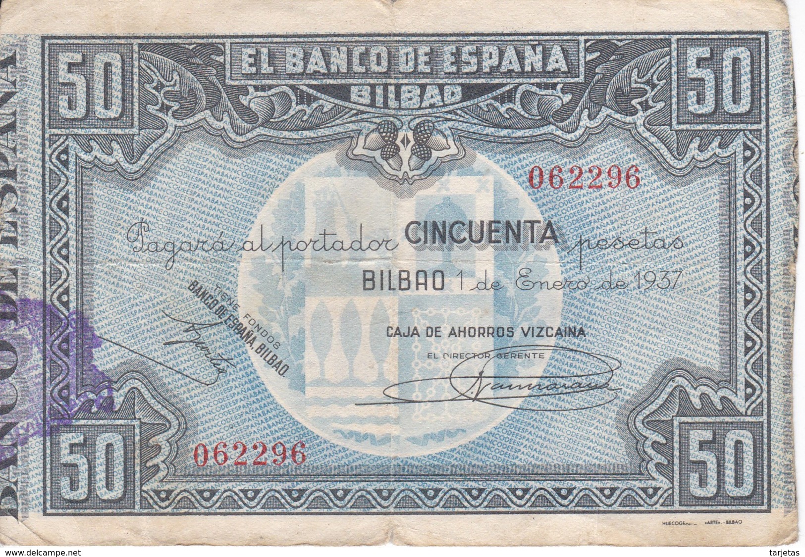 BILLETE DE ESPAÑA DE 50 PTAS DEL BANCO DE ESPAÑA-BILBAO DEL AÑO 1937 (CAJA AHORROS VIZCAINA) - 50 Pesetas