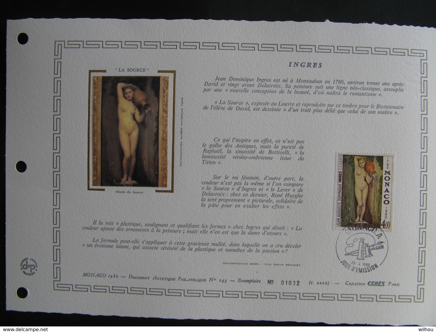 DAP SUR SOIE 200° ANNIVERSAIRE DE LA NAISSANCE DE J.A.D. INGRES TABLEAU LA SOURCE TIMBRE 1° JOUR N° 1226 YT - FDC