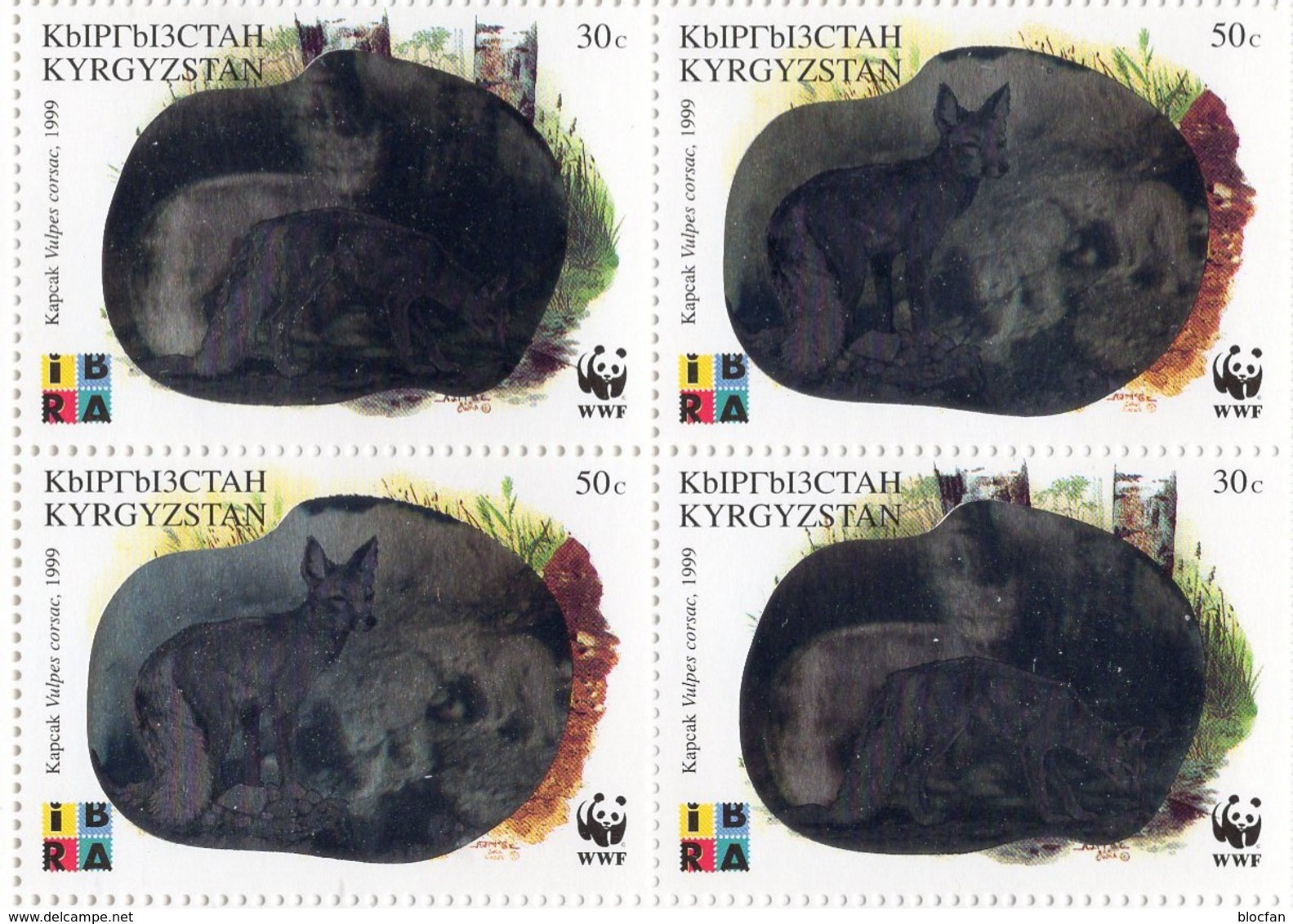 Steppenfuchs 1999 Kirgisistan 172/5+ 4-Block ** 20€ Hologramm/overprint IBRA Nürnberg Fox Se-tenant WWF Philatelic - Game