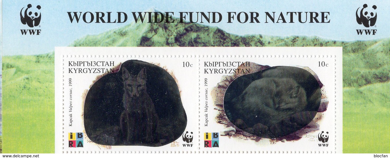 Steppenfuchs 1999 Kirgisistan 172/5+ 4-Block ** 20€ Hologramm/overprint IBRA Nürnberg Fox Se-tenant WWF Philatelic - Game