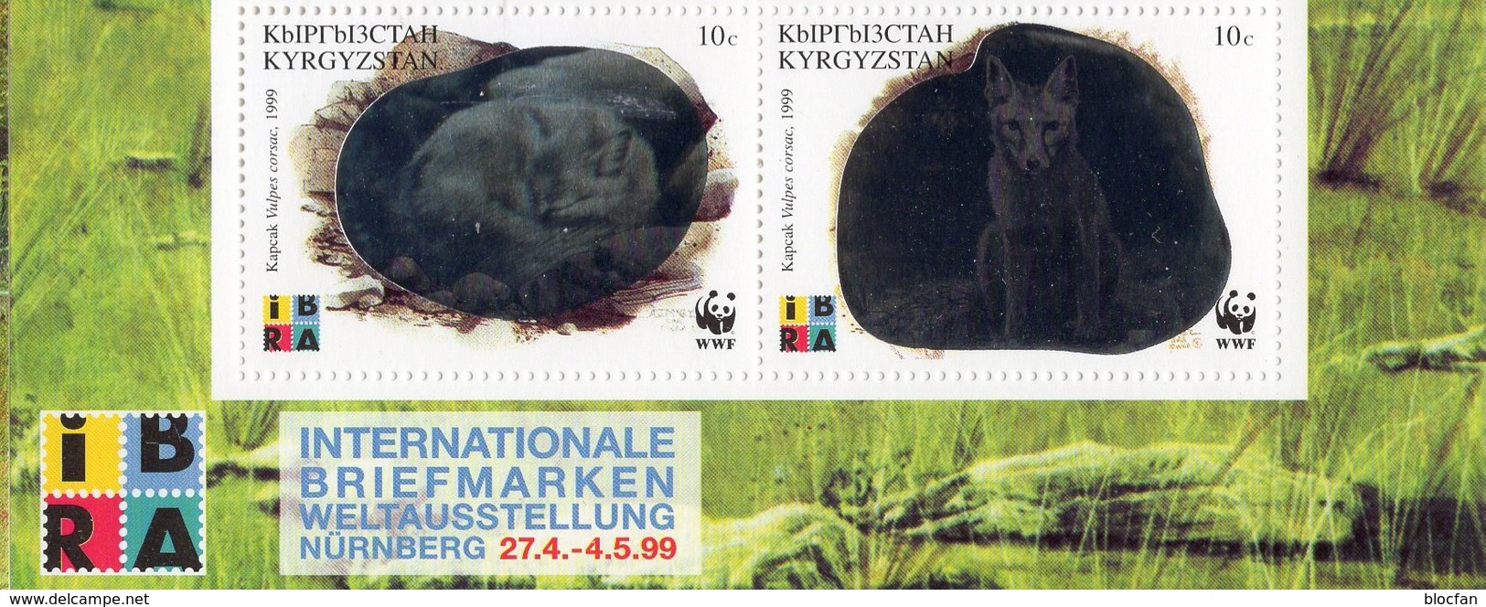 Steppenfuchs 1999 Kirgisistan 172/5+ 4-Block ** 20€ Hologramm/overprint IBRA Nürnberg Fox Se-tenant WWF Philatelic - Game