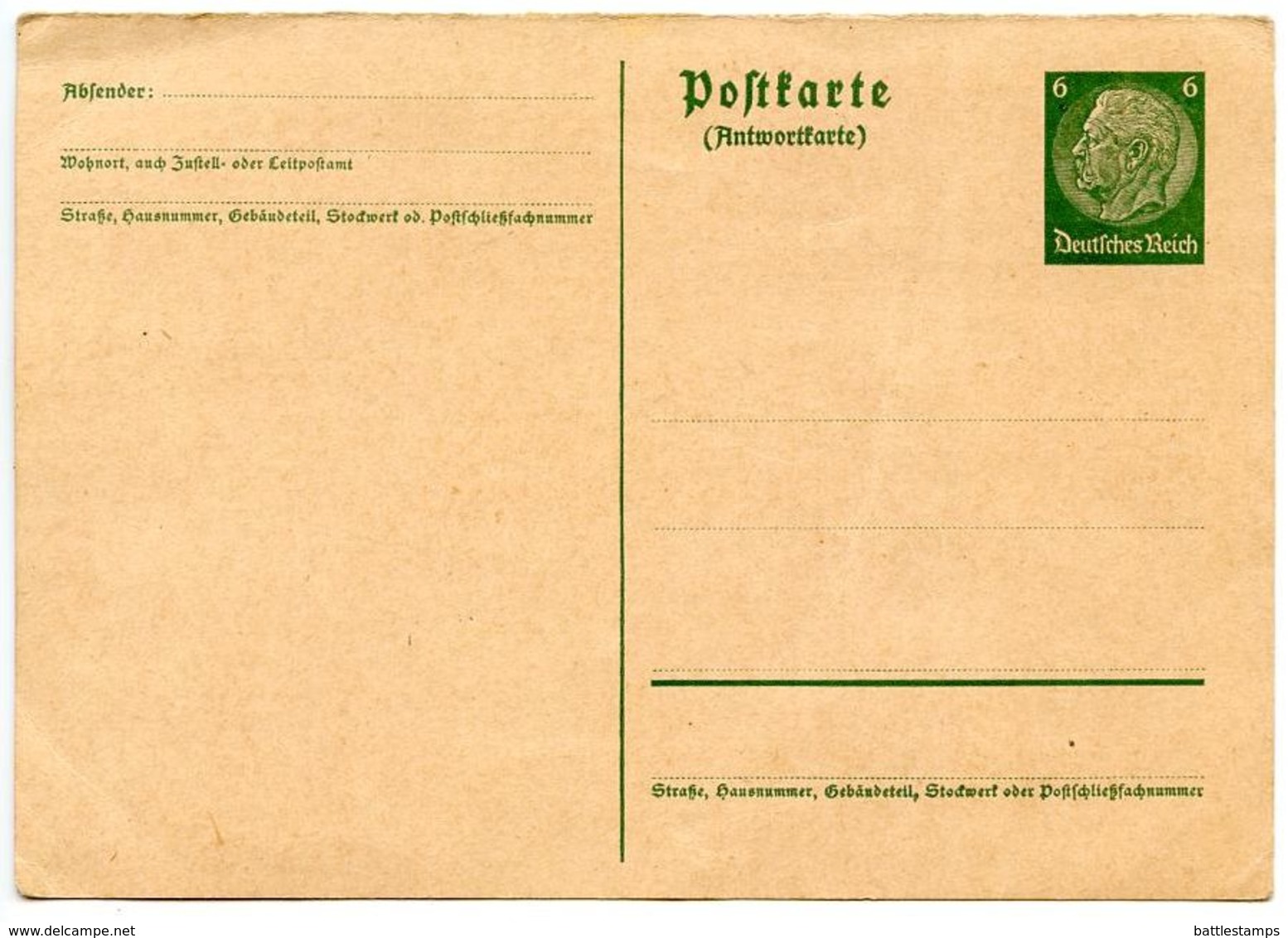 Germany 1936 Unused 6pf Hindenburg Postal Reply Card Half - Cartes Postales