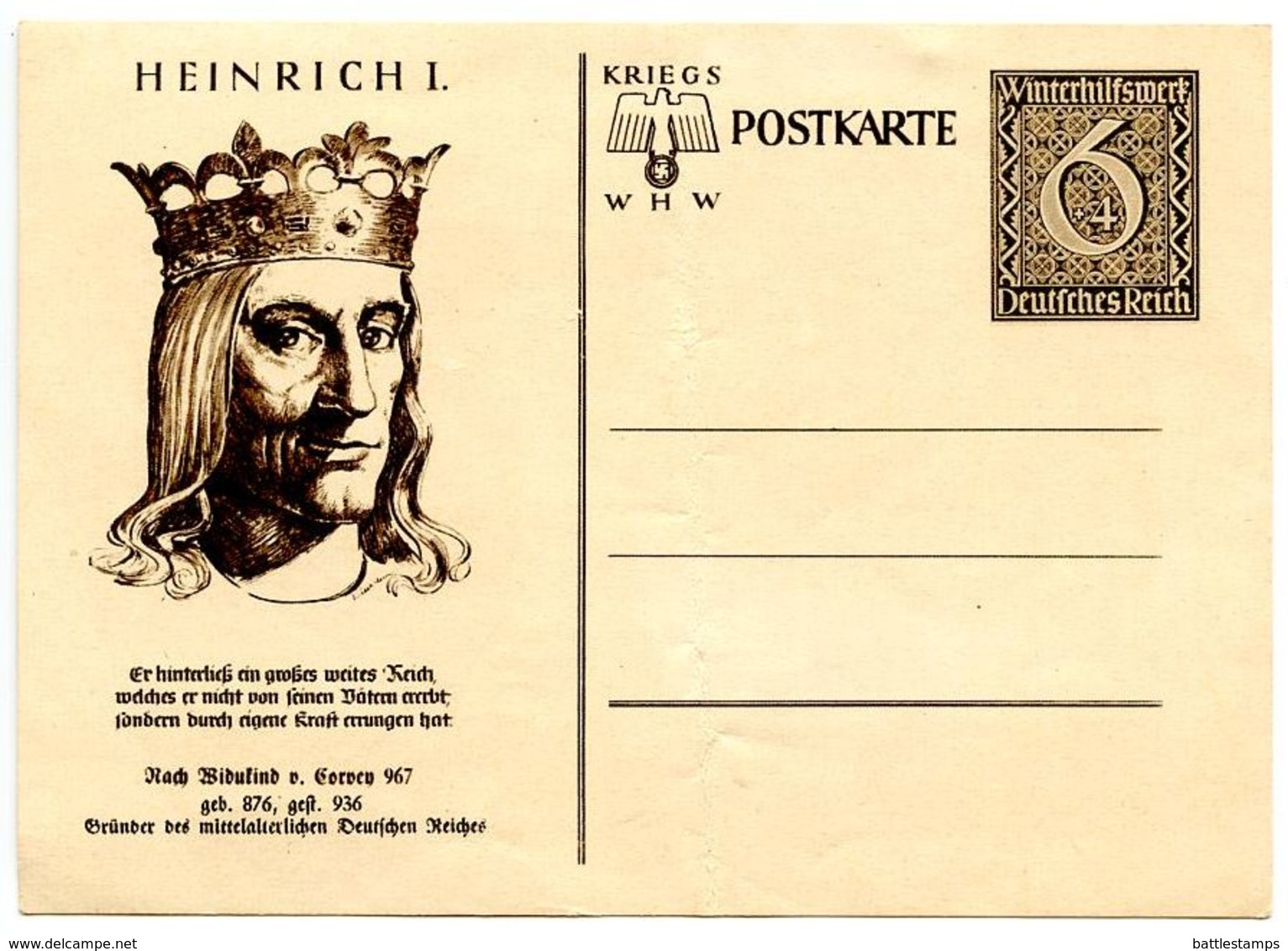 Germany 1930‘s Mint 6pf. + 4pf. Winterhilfswerk Postal Card, Cachet Of Heinrich I - Cartes Postales