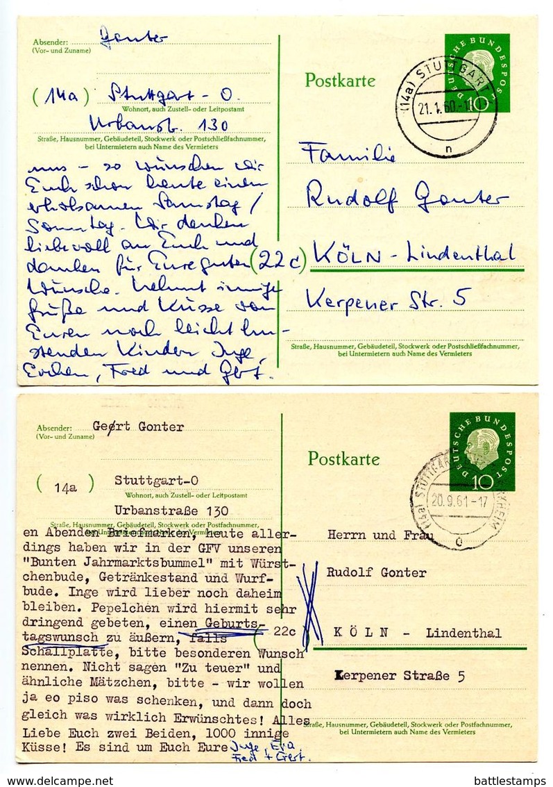Germany 1960-61 2 Heuss Postal Cards Stuttgart To Köln-Lindenthal - Postcards - Used