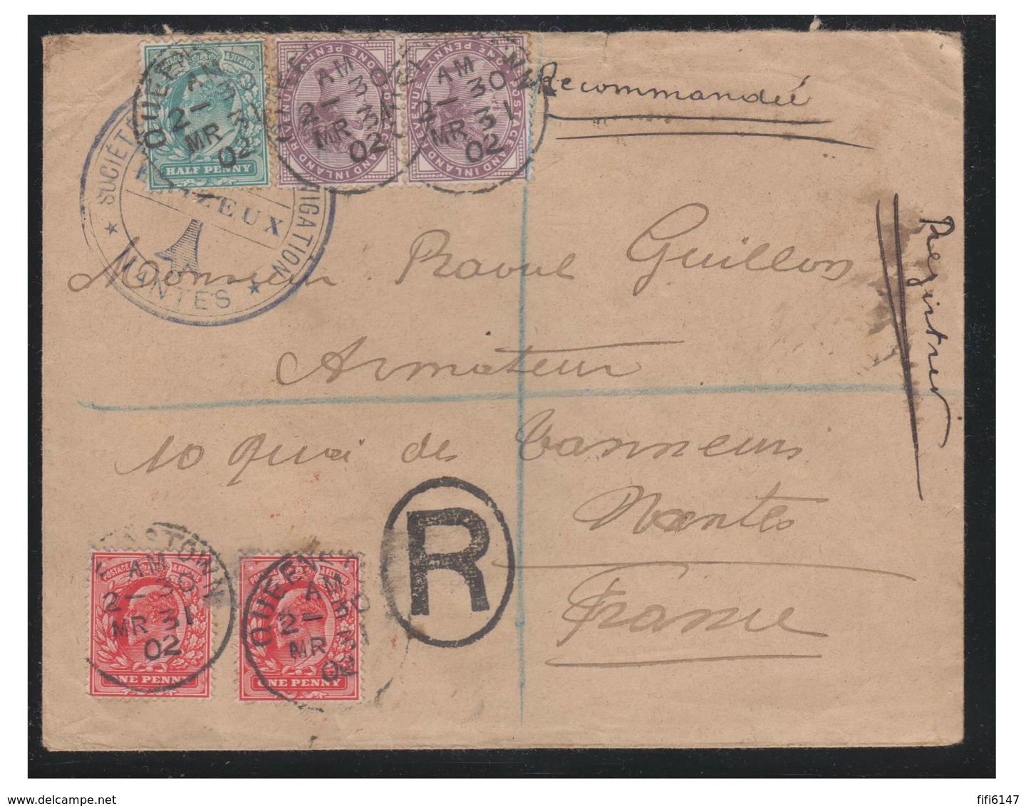 GRANDE-BRETAGNE -- LETTRE RECOMMANDEE DE QUEENSTOWN  IRLANDE - POUR NANTES --1902 -- VOILIER NANTAIS - Lettres & Documents