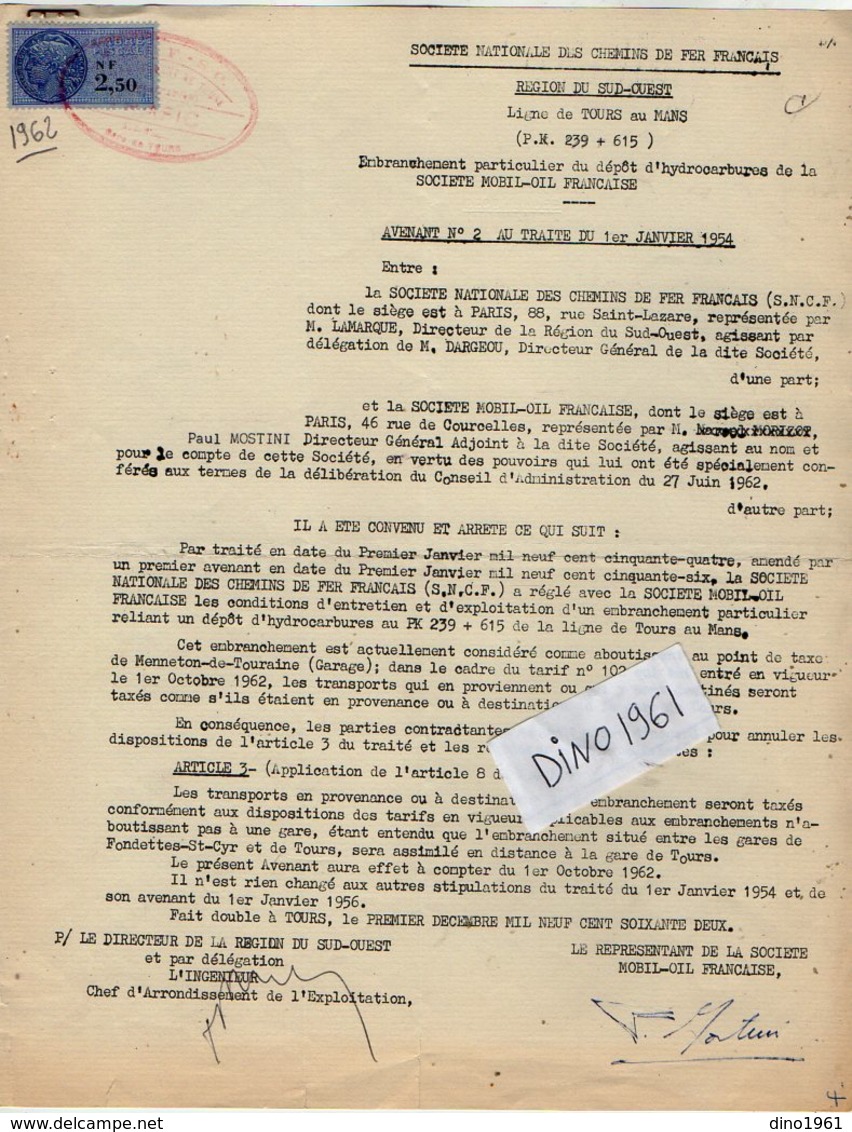 VP12.740 -TOURS - Acte De 1962 - Entre La S.N.C.F Ligne De TOURS Au MANS & La Sté MOBIL - OIL Française à PARIS - Chemin De Fer