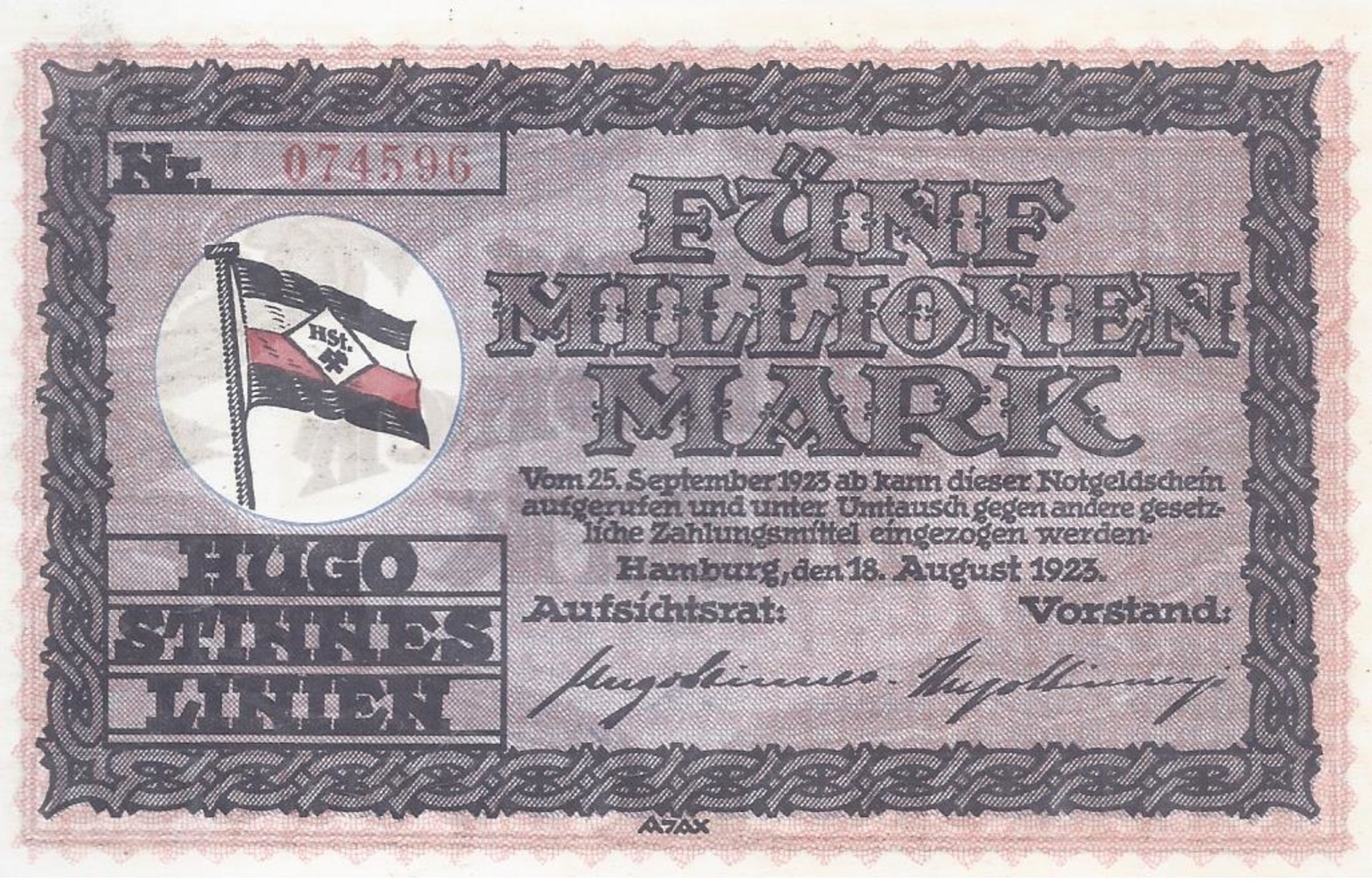 Notgeld - Hamburg - Hugo Stinnes Linien -  Fünf Millionen Mark 1923 - Einzelschein    -  NG-130 - Lokale Ausgaben