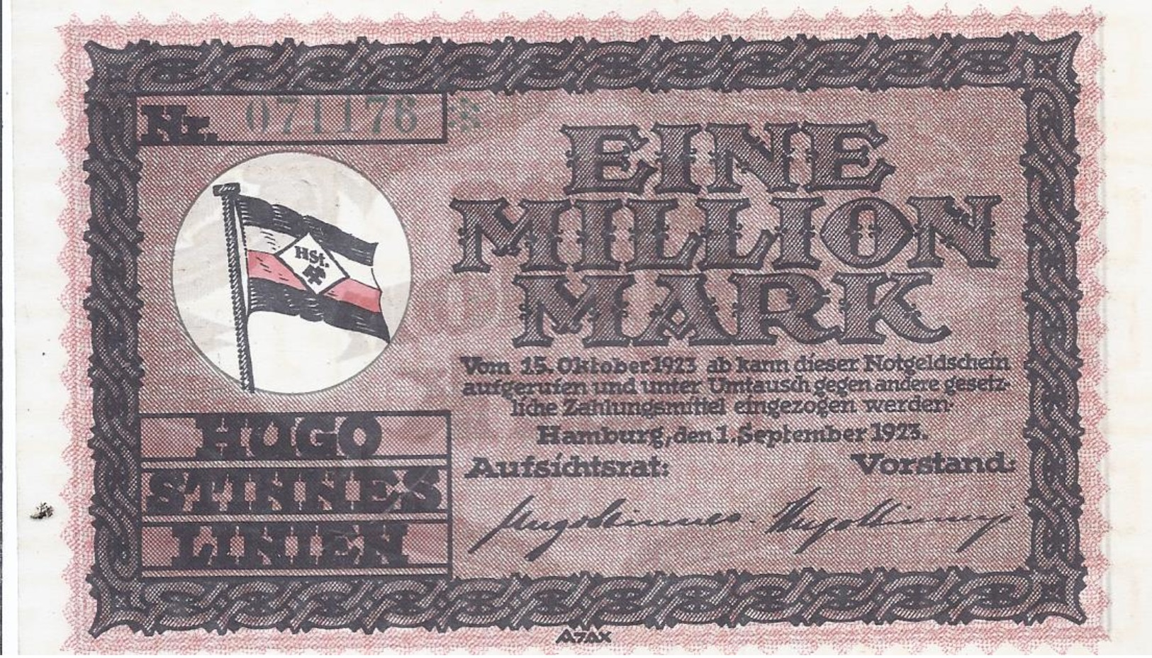 Notgeld - Hamburg - Hugo Stinnes Linien -  Eine Million Mark 1923 - Einzelschein    -  NG-131 - Lokale Ausgaben