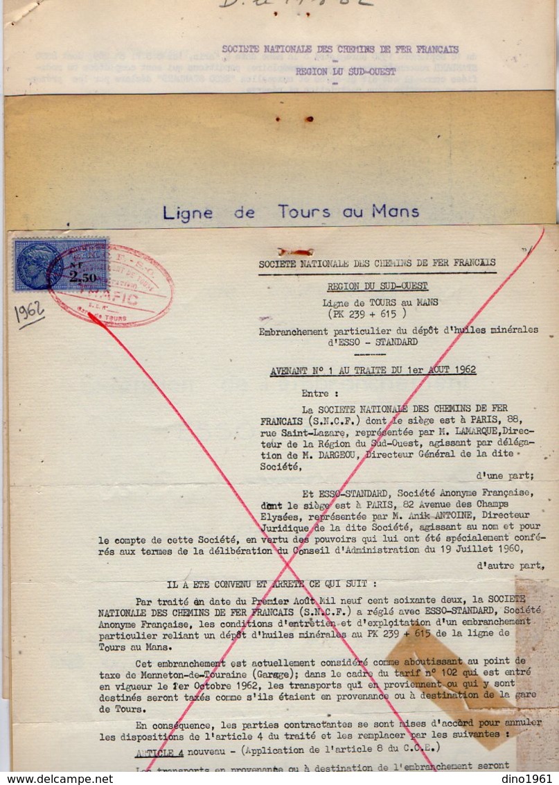 VP12.741 - TOURS X PARIS - Plan & 2 Actes De 1962 - Entre La S.N.C.F Ligne De TOURS Au MANS & La Sté ESSO - STANDARD - Ferrovie